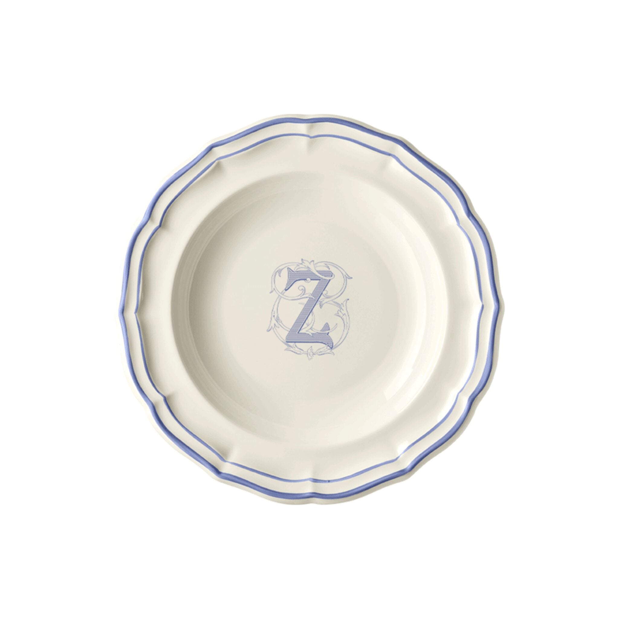Gien Set of 6 Rim Soups Z - Filet Blue Monogram Soup Plates & Rimmed Soup Bowl