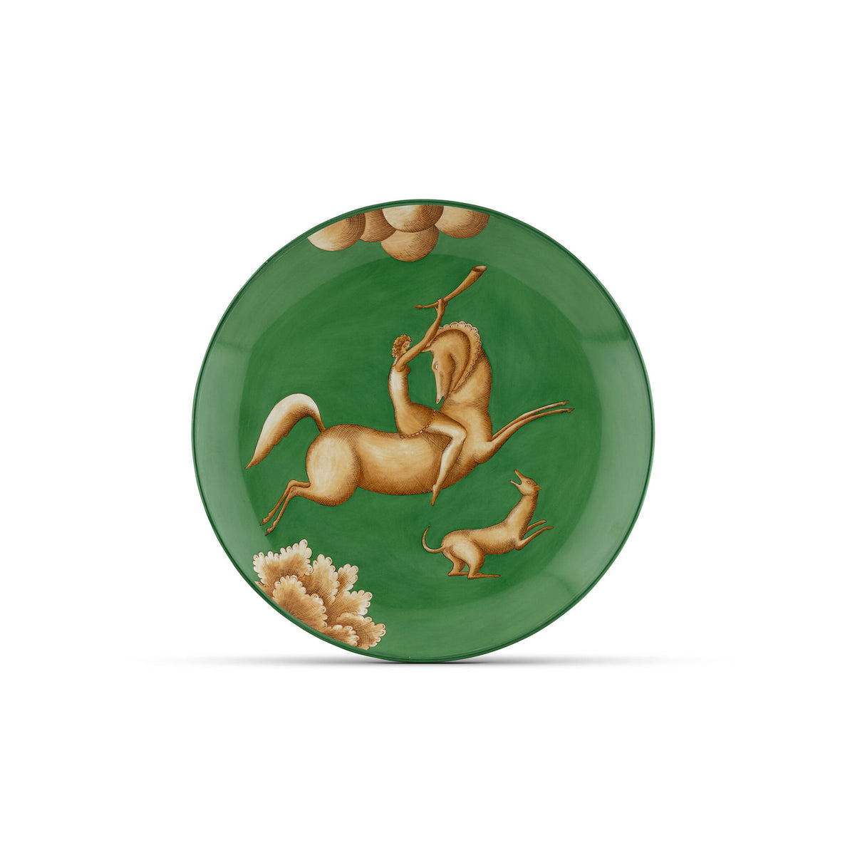 Ginori 1735 Arte di Gio Ponti La Venatoria Plate, Amazzone con Corno Green