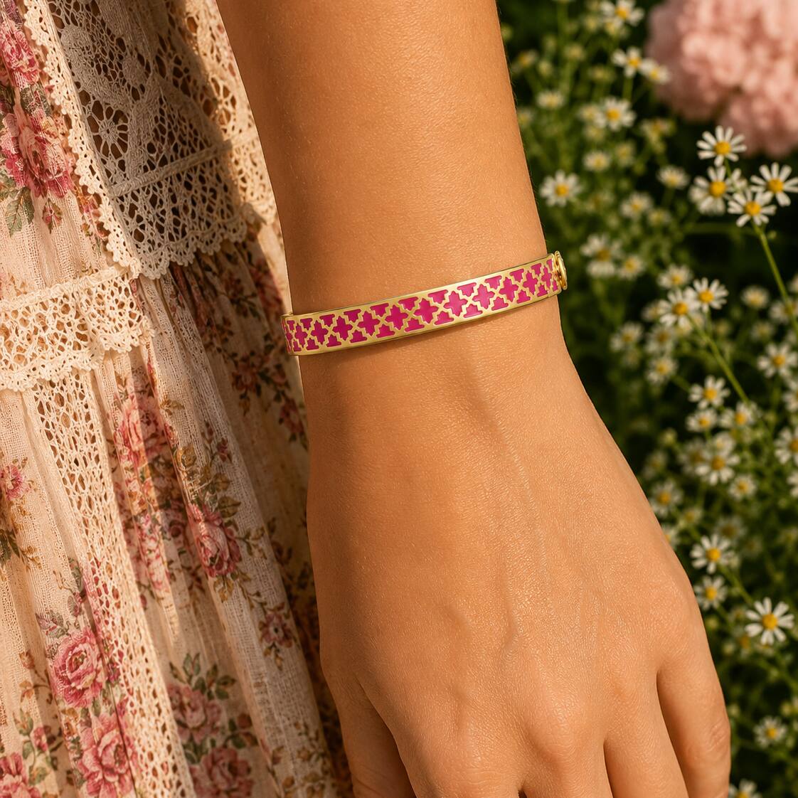 Halcyon Days Agama Hinged Bangle in Pink Tourmaline & Gold, alternate view