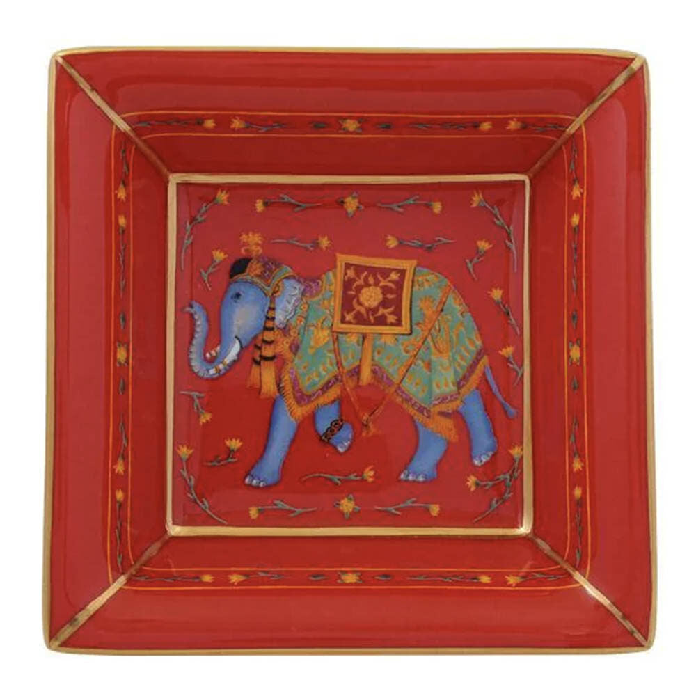 Halcyon Days Ceremonial Indian Elephant Square Trinket Tray in Red