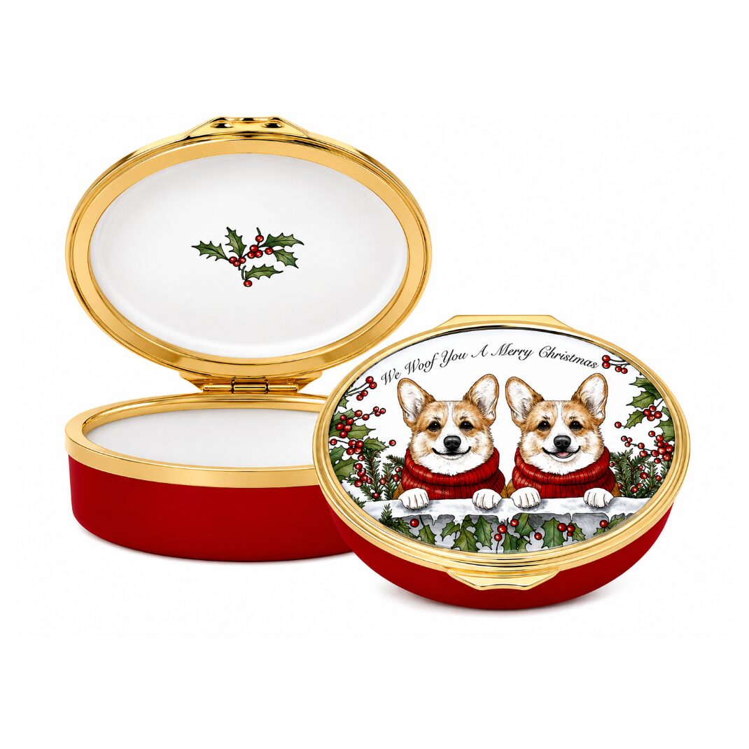 Halcyon Days Christmas Corgis - Enamel Box