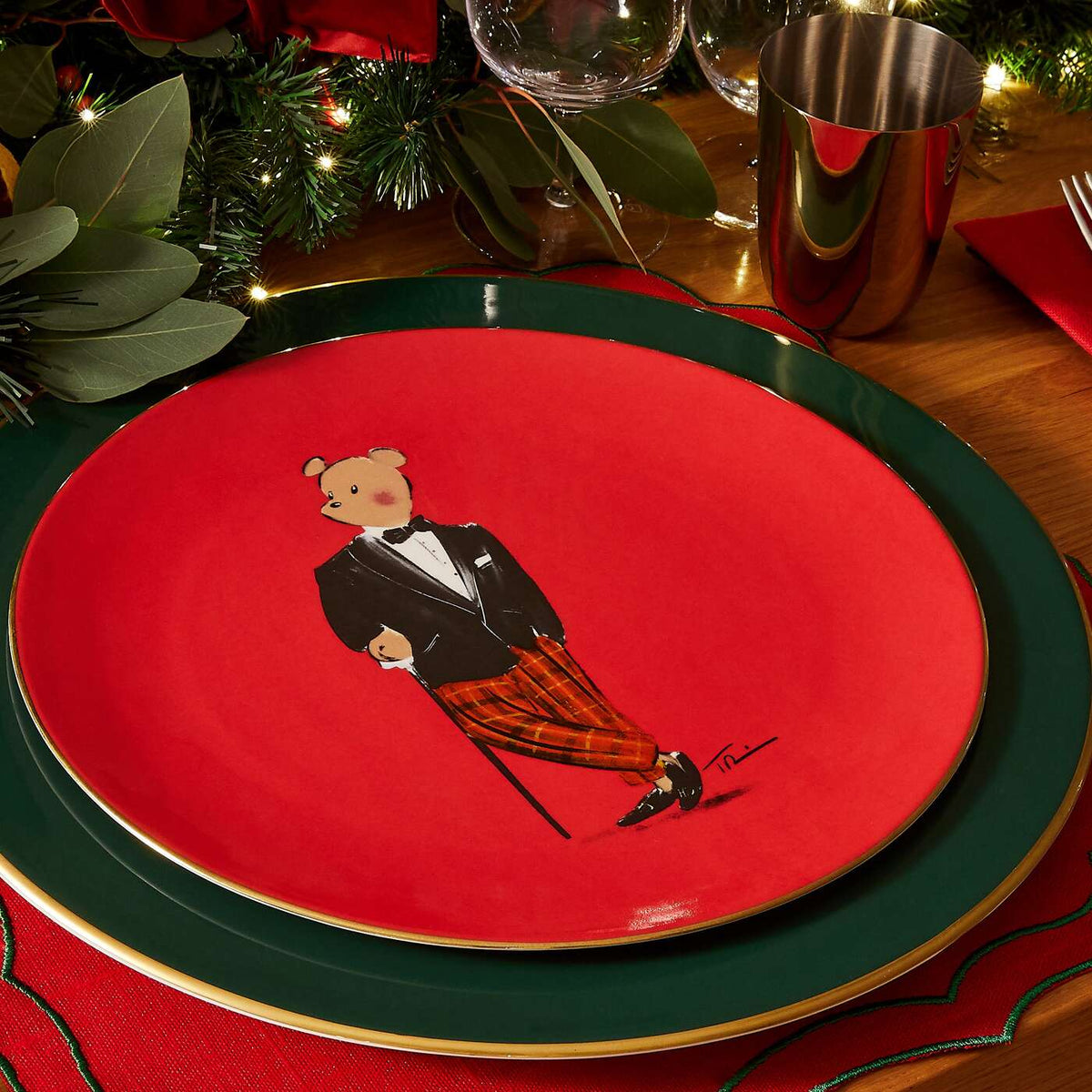 Halcyon Days Hal the Bear 10" Coupe Plate, Red, lifestyle view