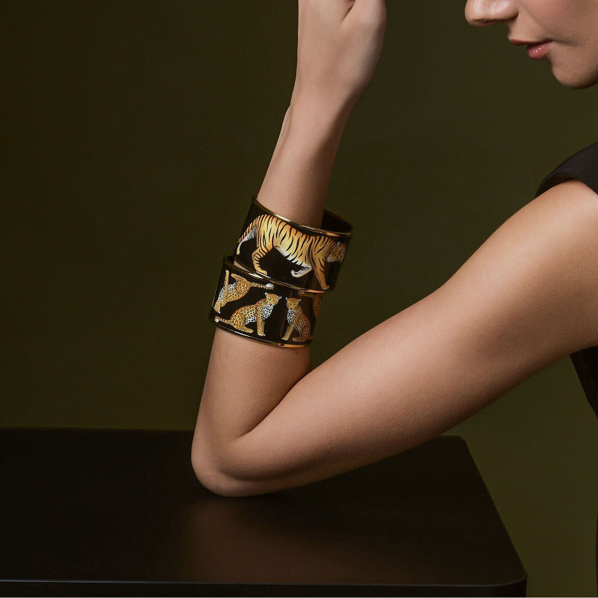 Halcyon Days Magnificent Wildlife Leopard - Black & Gold Enamel Cuff Bangle, alternate view
