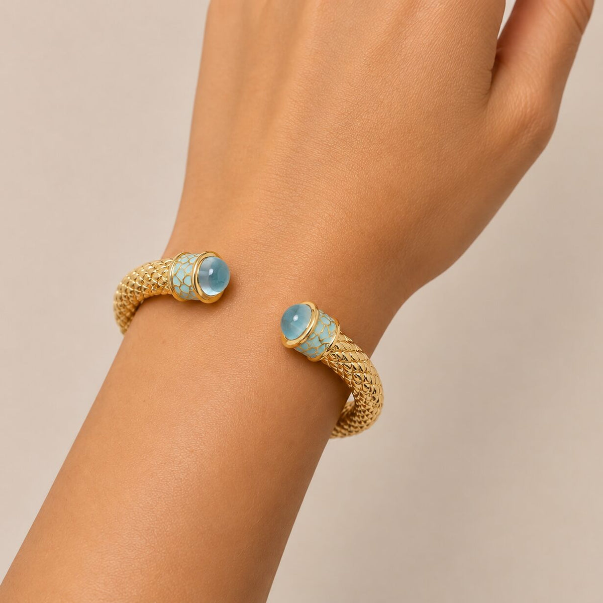 Halcyon Days Minoan Hinged Bangle in Aquamarine & Gold, view 2