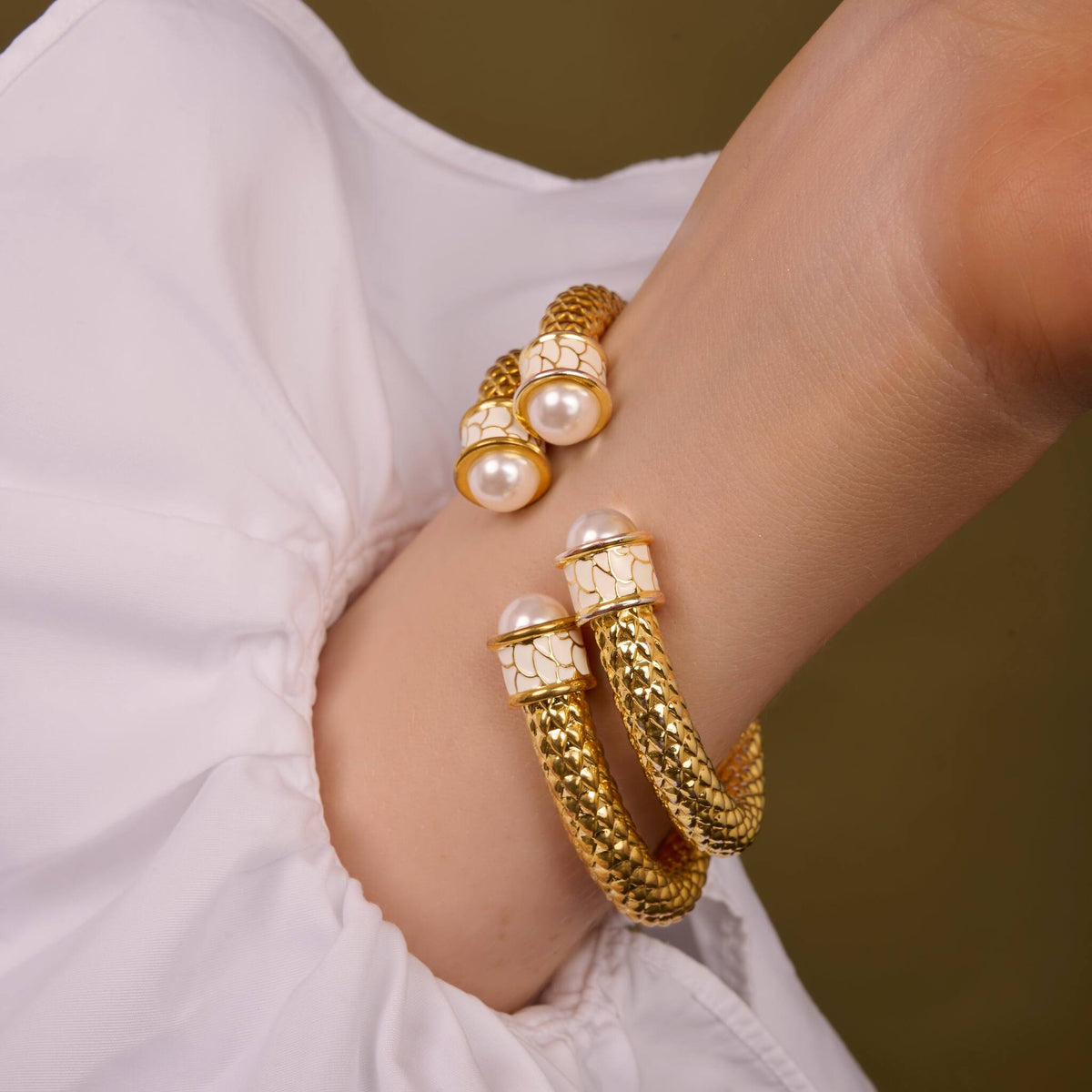 Halcyon Days Minoan Torque Pearl & Gold Bangle Women's Fine Bangle Bracelet, alternate view