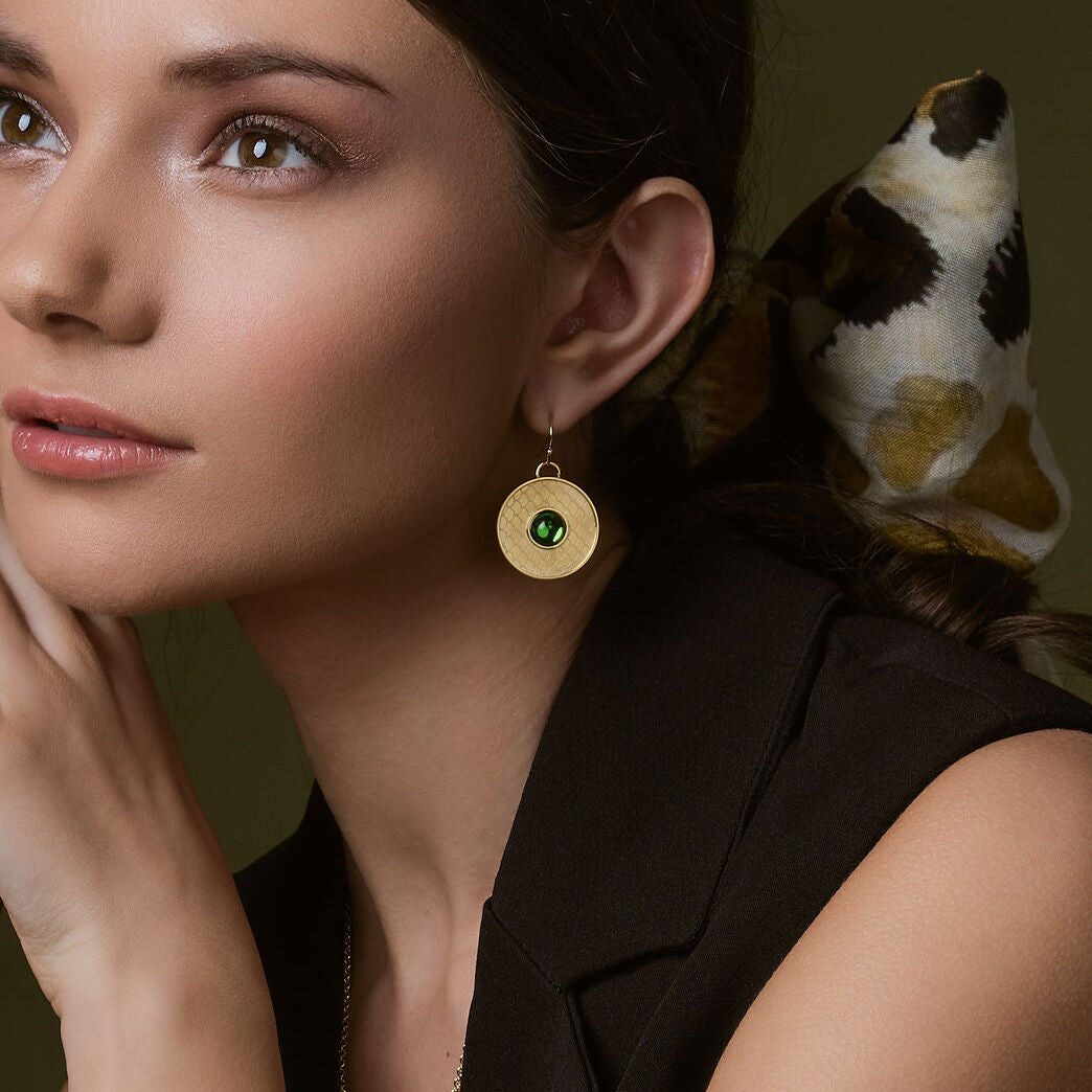 Halcyon Days Salamander Cabochon Emerald & Gold Earrings, alternate view