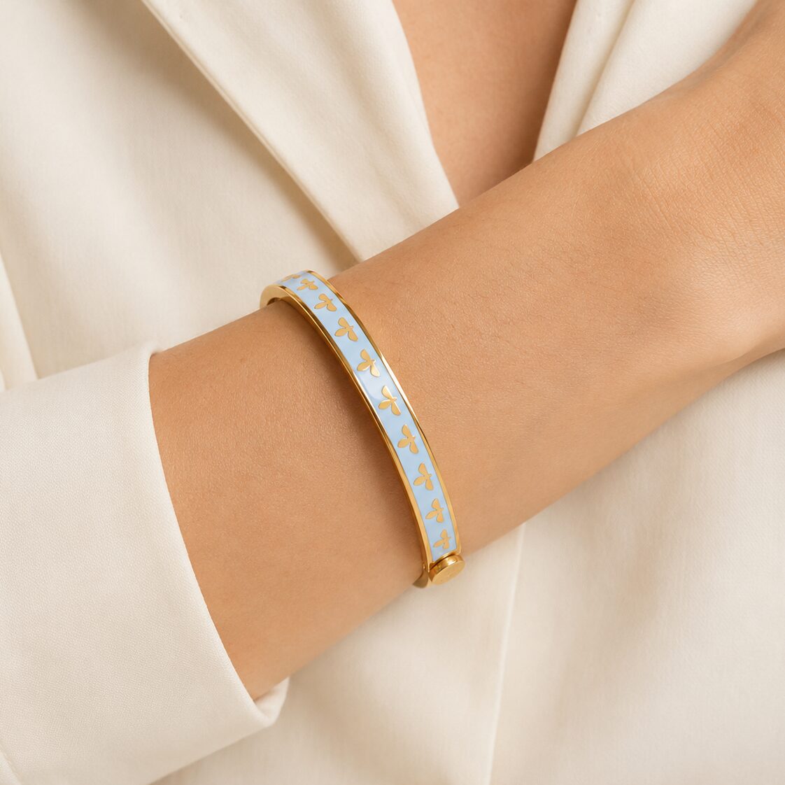 Halcyon Days Skinny Bee Forget-me-Not & Gold Bangle Women's Fine Bangle Bracelet, alternate view