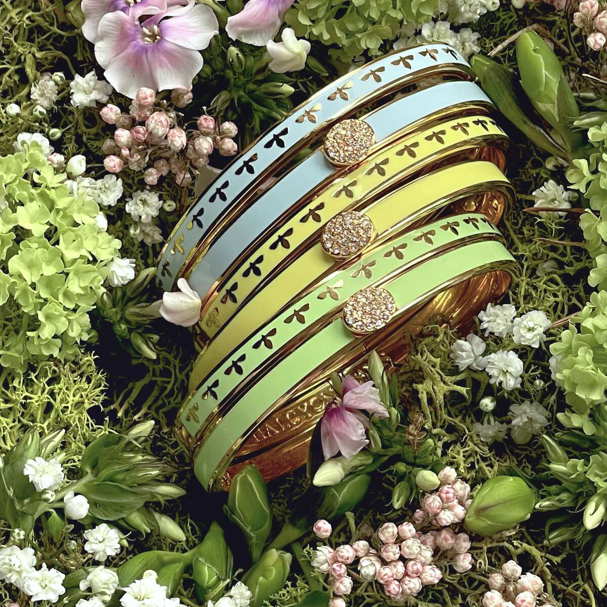 Halcyon Days Skinny Pave Button Meadow & Gold Bangle Women's Fine Bangle Bracelet, alternate view