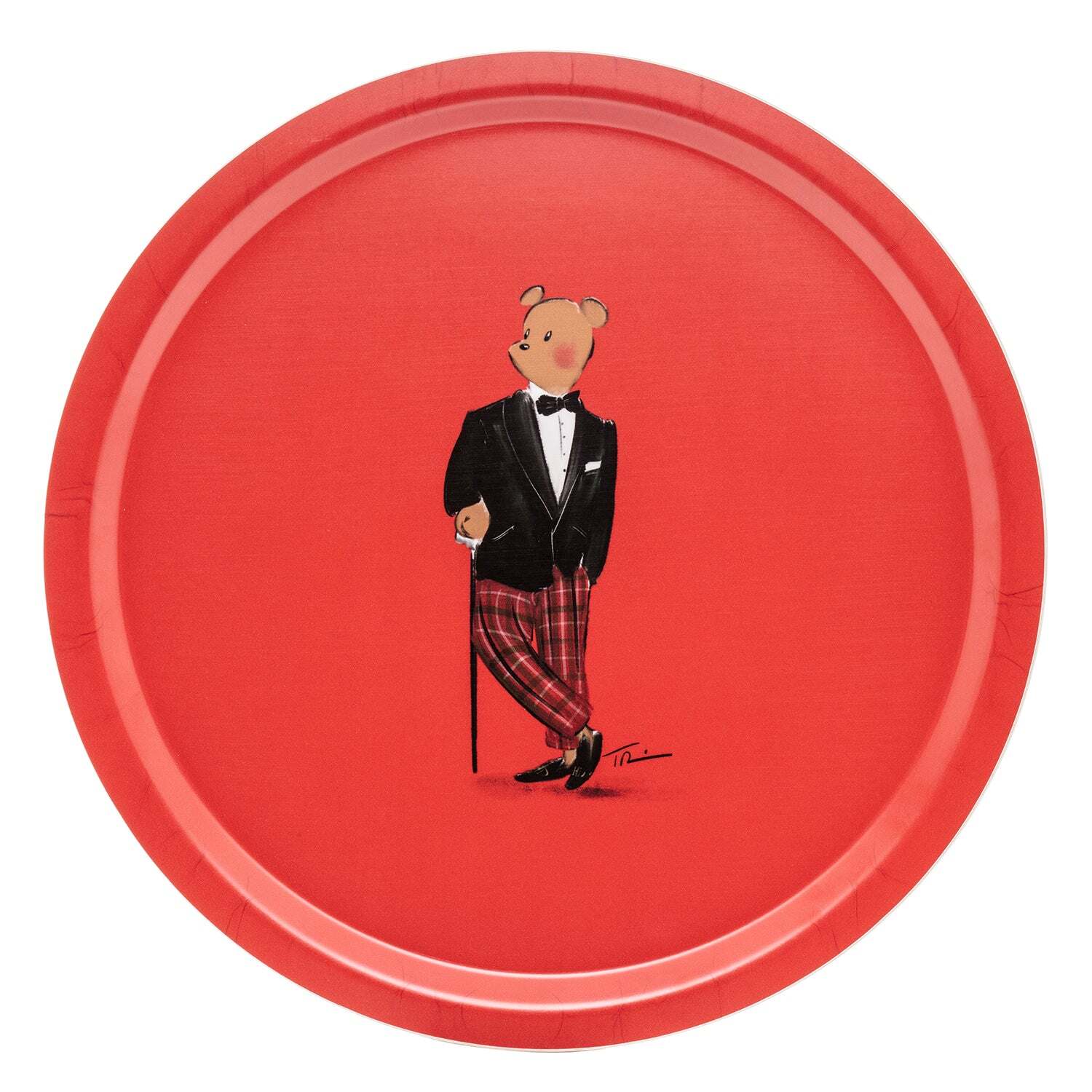 Halcyon Days Tug Rice "Hal the Bear" Round Birchwood Tray in Red