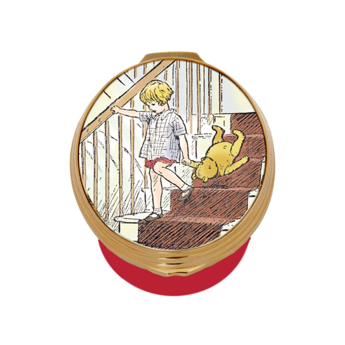 Halcyon Days Winnie-the-Pooh "A Little Boy and His Bear" Enamel Box in Deep Red
