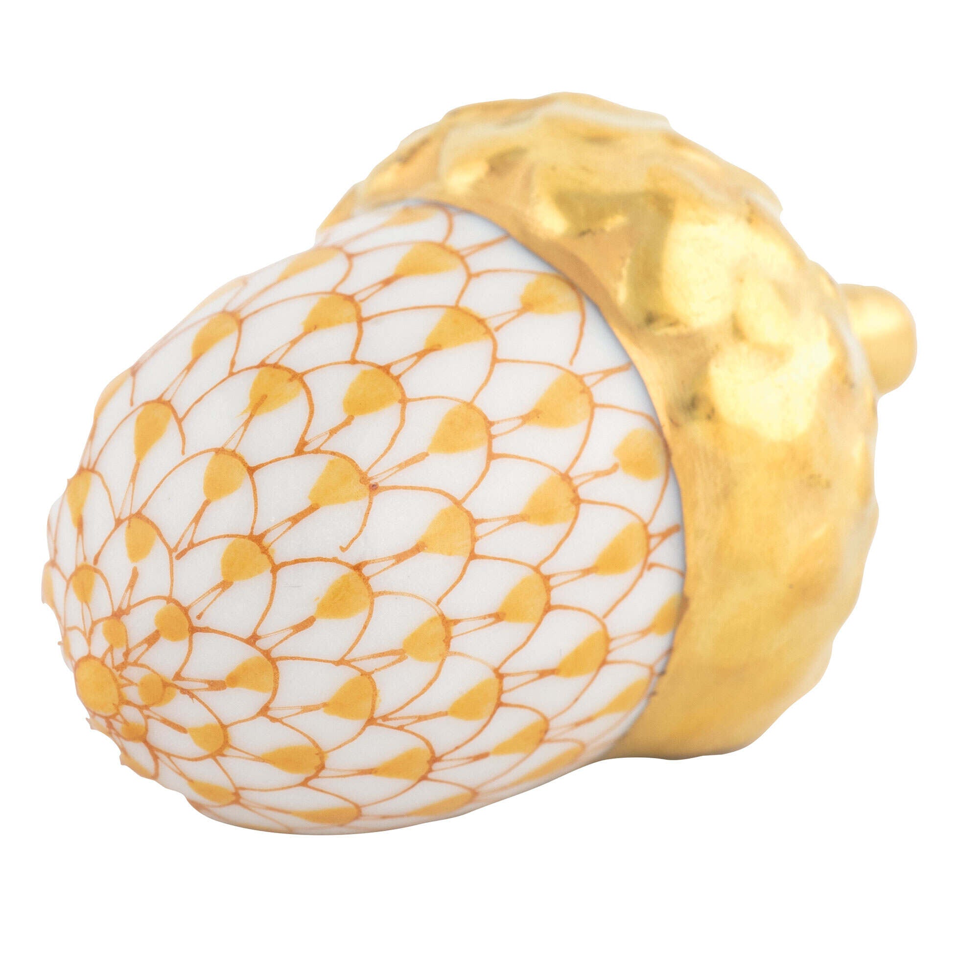 Hand-painted Herend Acorn Figurine in Butterscotch fishnet porcelain on a white background