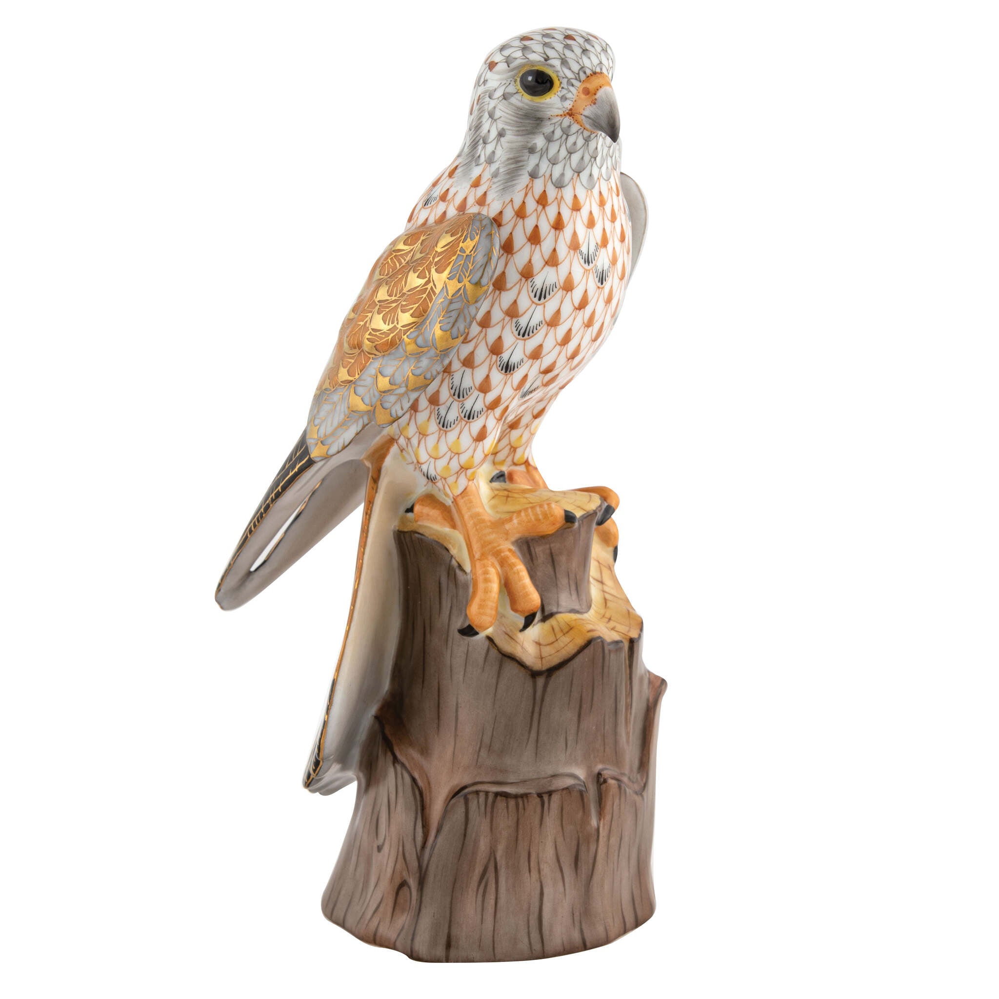 Hand-painted Herend American Kestrel Figurine in fine porcelain, 4in L X 3.25in W X 7.5in H, on a white background
