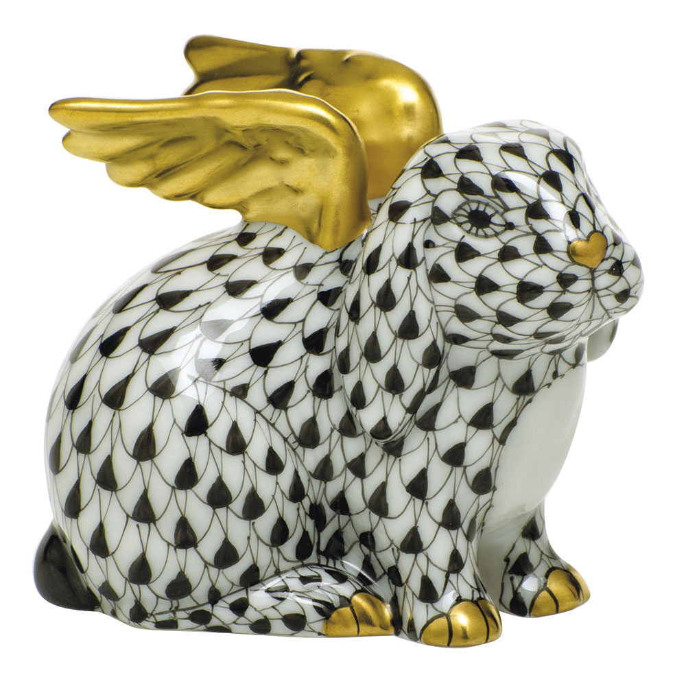 Black fishnet Angel Bunny Figurine figurine, hand-painted Herend porcelain with 24k gold accents