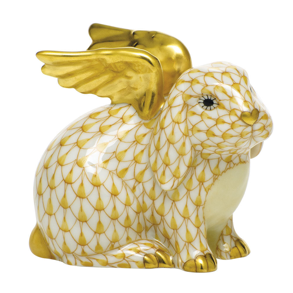 Hand-painted Herend Angel Bunny Figurine in Butterscotch fishnet porcelain on a white background
