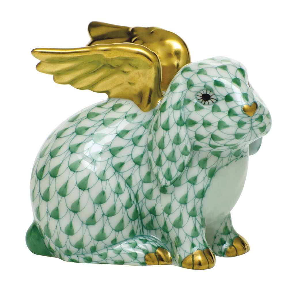 Hand-painted Herend Angel Bunny Figurine in Green fishnet porcelain on a white background