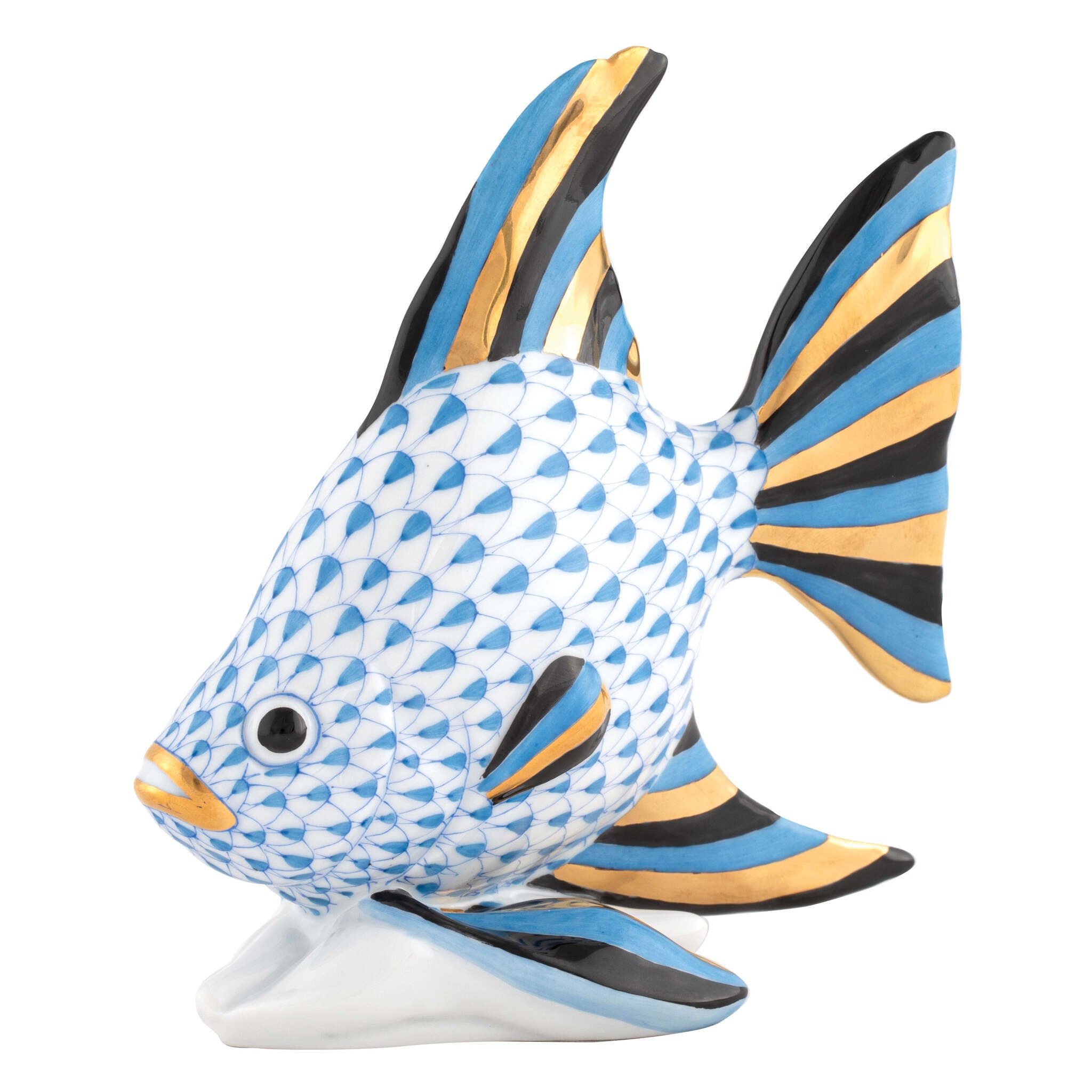 Hand-painted Herend Angel Fish Figurine in Blue fishnet porcelain on a white background