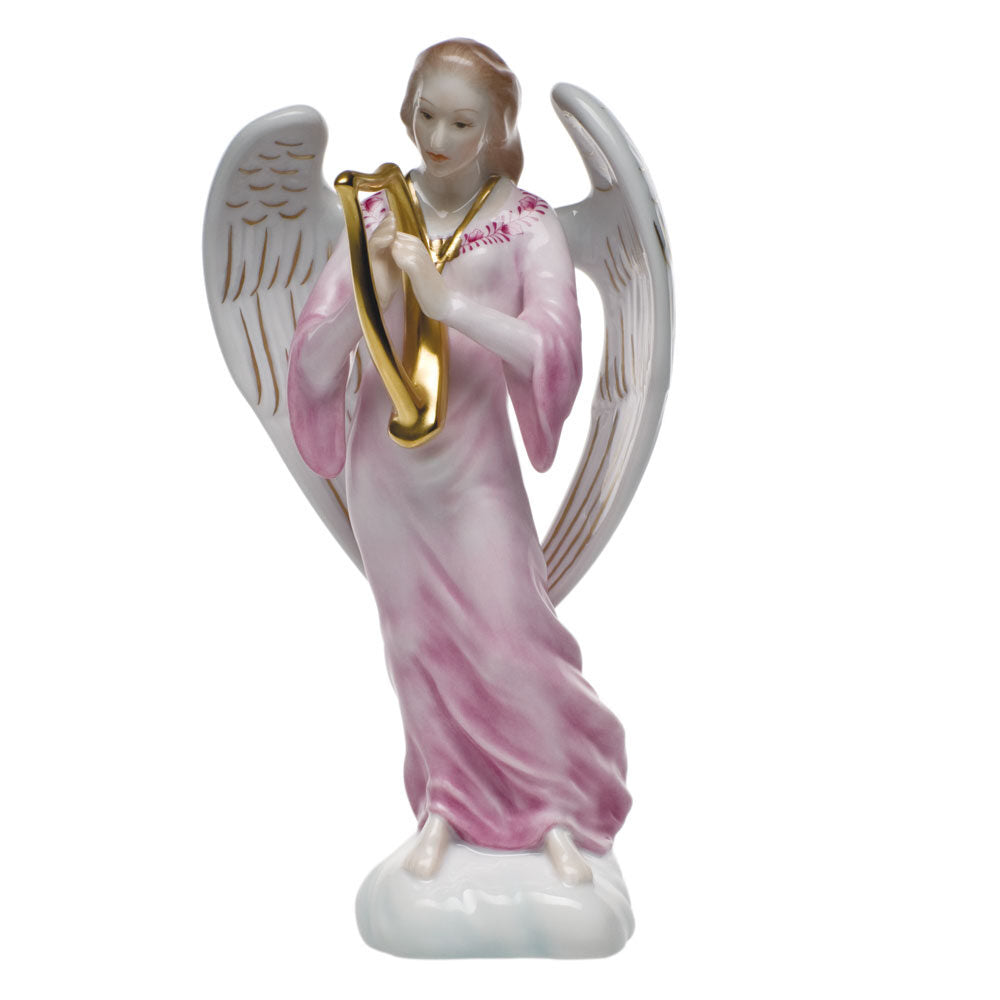 Hand-painted Herend Angel with Harp Figurine in fine porcelain, 2.75in L X 7.5in H, on a white background