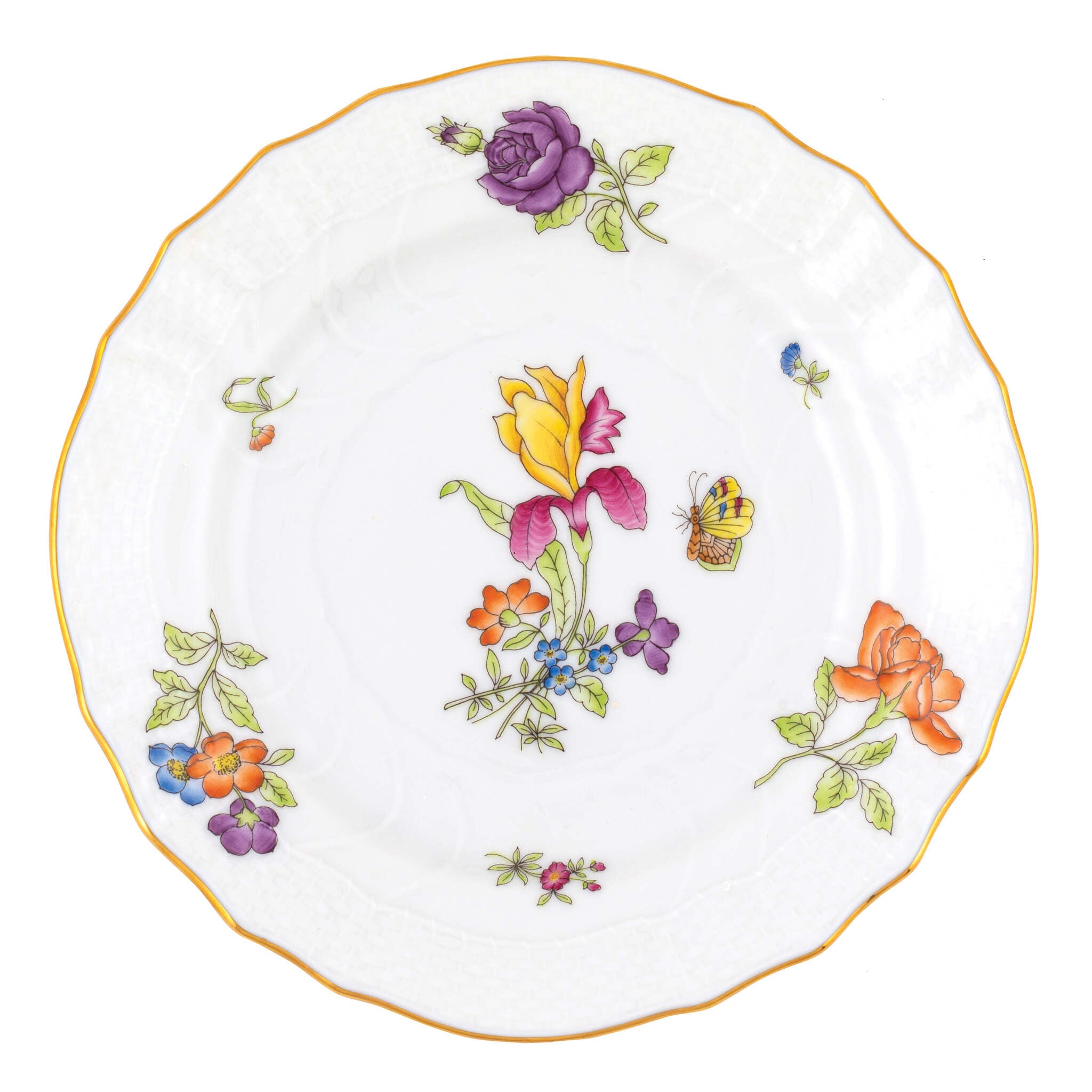 Hand-painted Herend Antique Iris Bread and Butter Plate in fine porcelain, 6in D,, Motif 2, on a white background