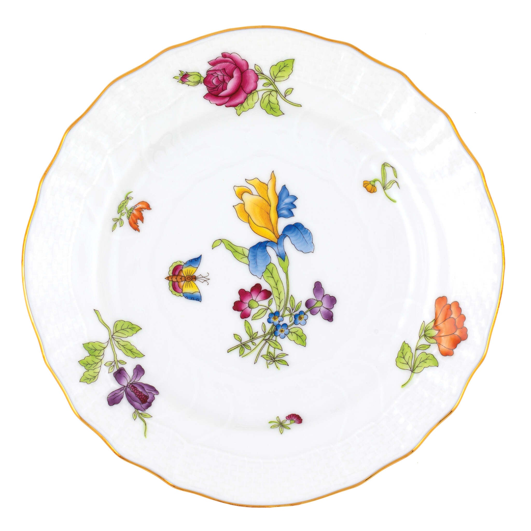 Hand-painted Herend Antique Iris Bread and Butter Plate in fine porcelain, 6in D,, Motif 3, on a white background