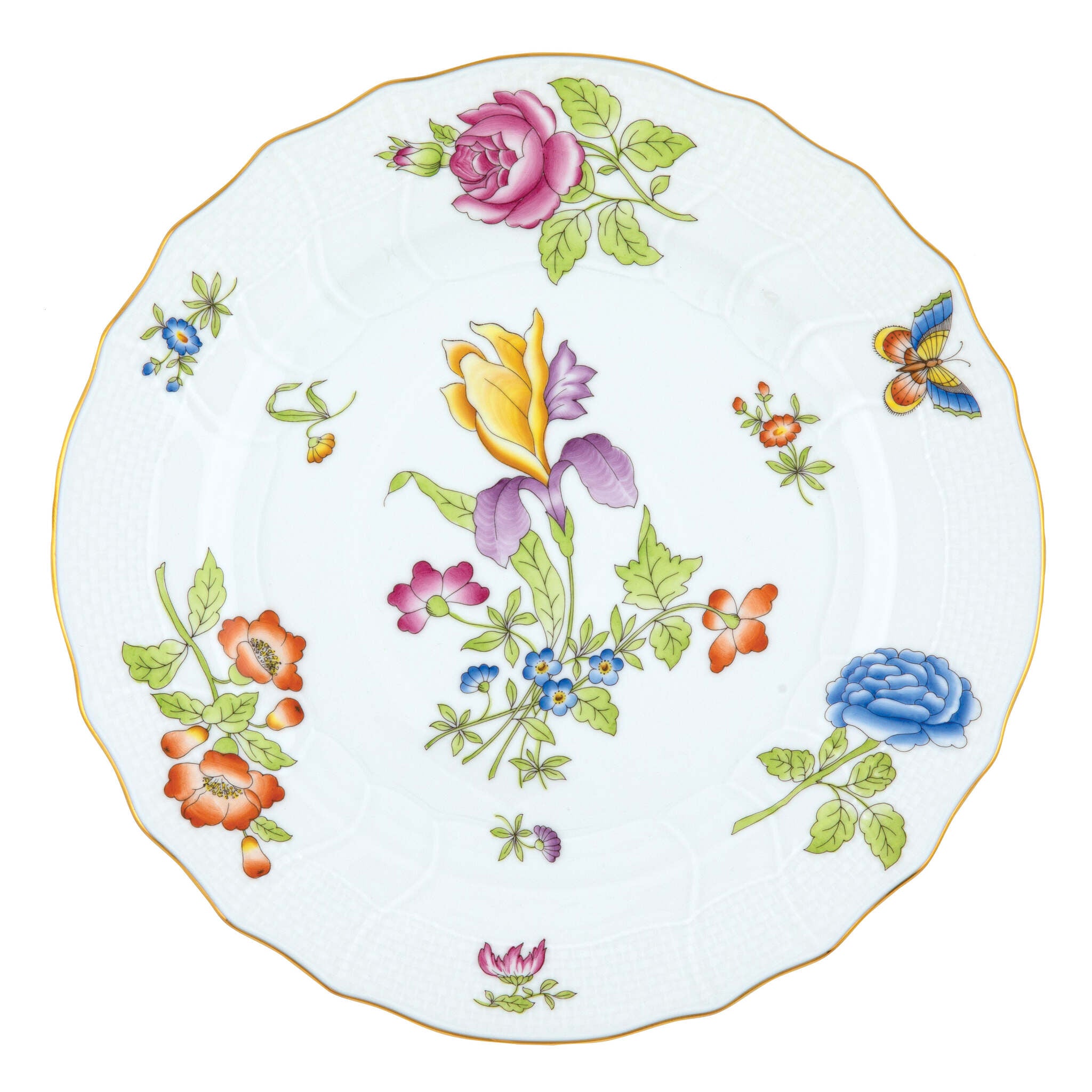 Hand-painted Herend Antique Iris Dinner Plate in fine porcelain, 10.5in D,, Motif 1, on a white background