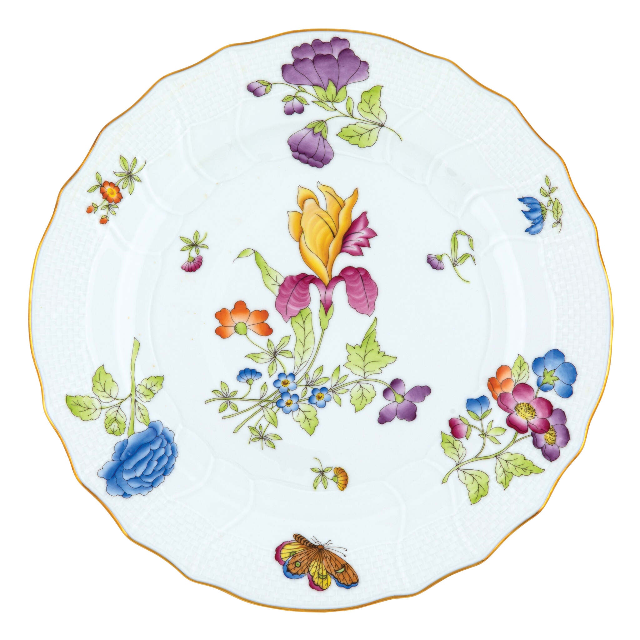 Hand-painted Herend Antique Iris Dinner Plate in fine porcelain, 10.5in D,, Motif 2, on a white background