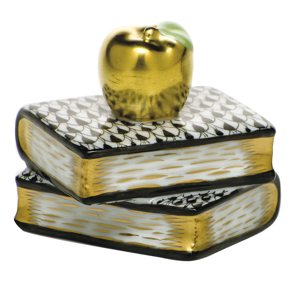 Black fishnet Apple on Books Figurine figurine, hand-painted Herend porcelain with 24k gold accents