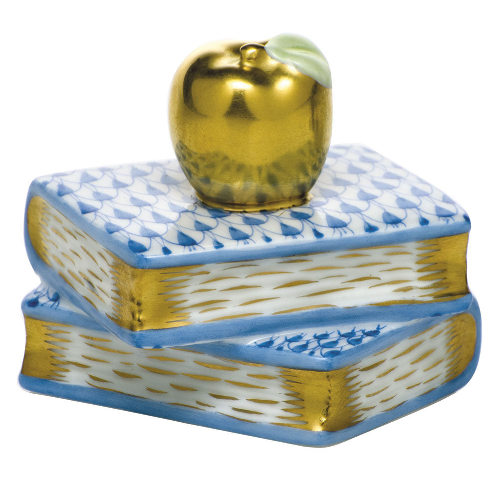 Blue fishnet Apple on Books Figurine figurine, hand-painted Herend porcelain with 24k gold accents