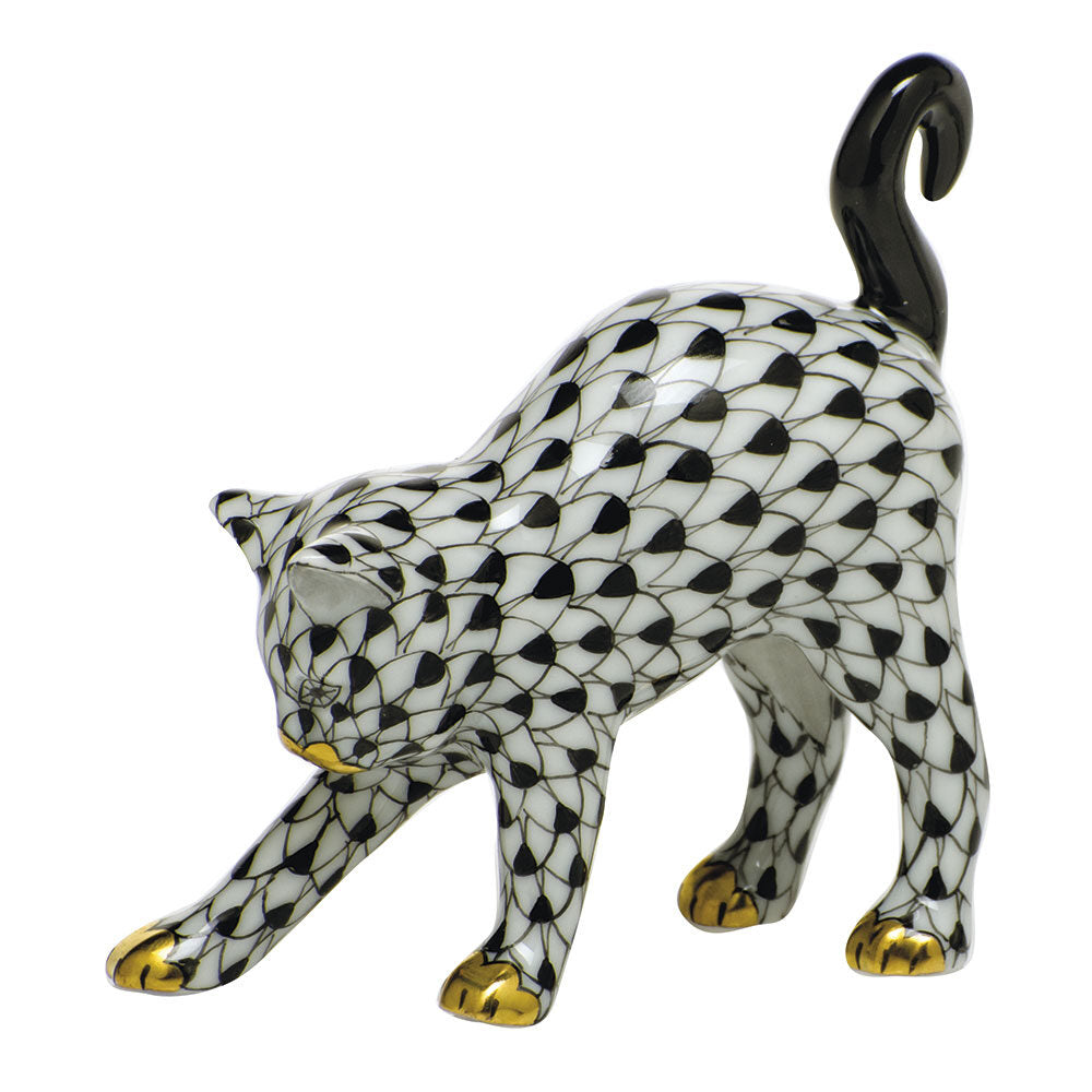 Hand-painted Herend Arched Cat Figurine in Black fishnet porcelain on a white background