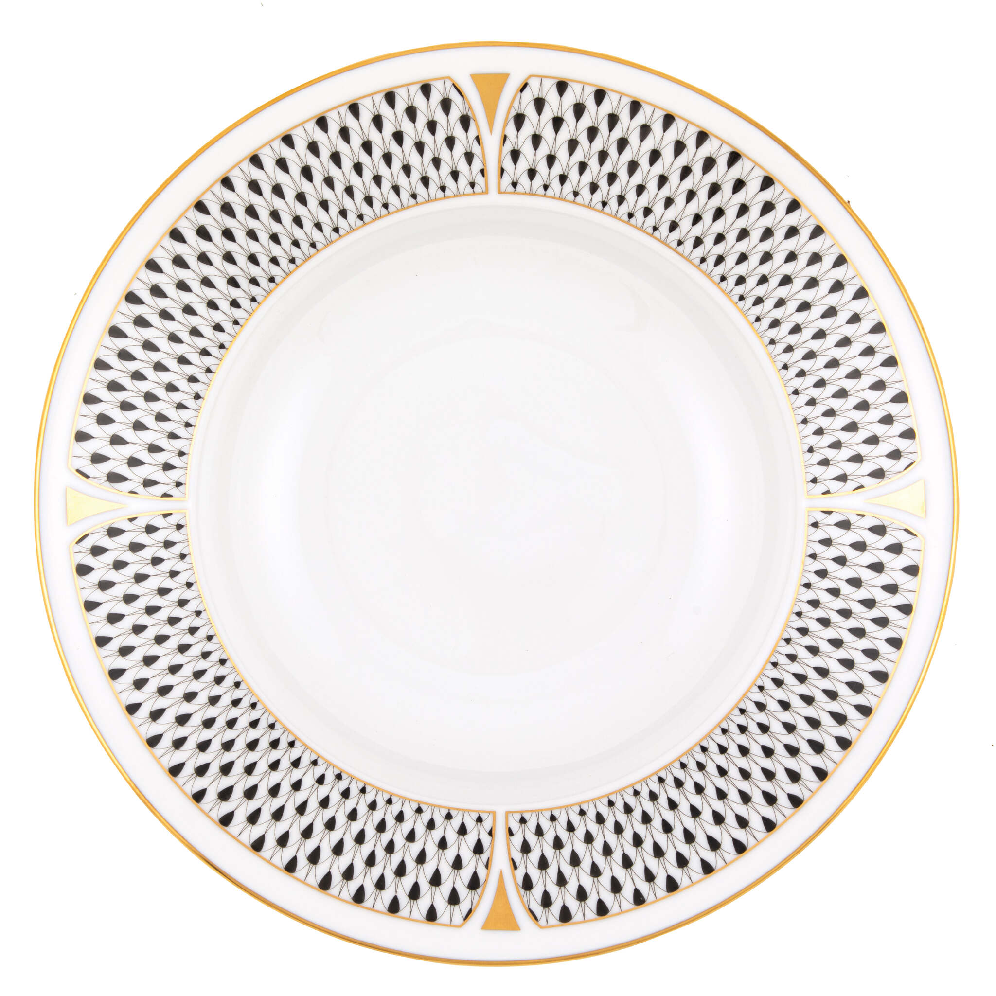 Hand-painted Herend Art Deco Black Rim Soup Soup Plates & Rimmed Soup Bowl in fine porcelain, 8.5in D, on a white background