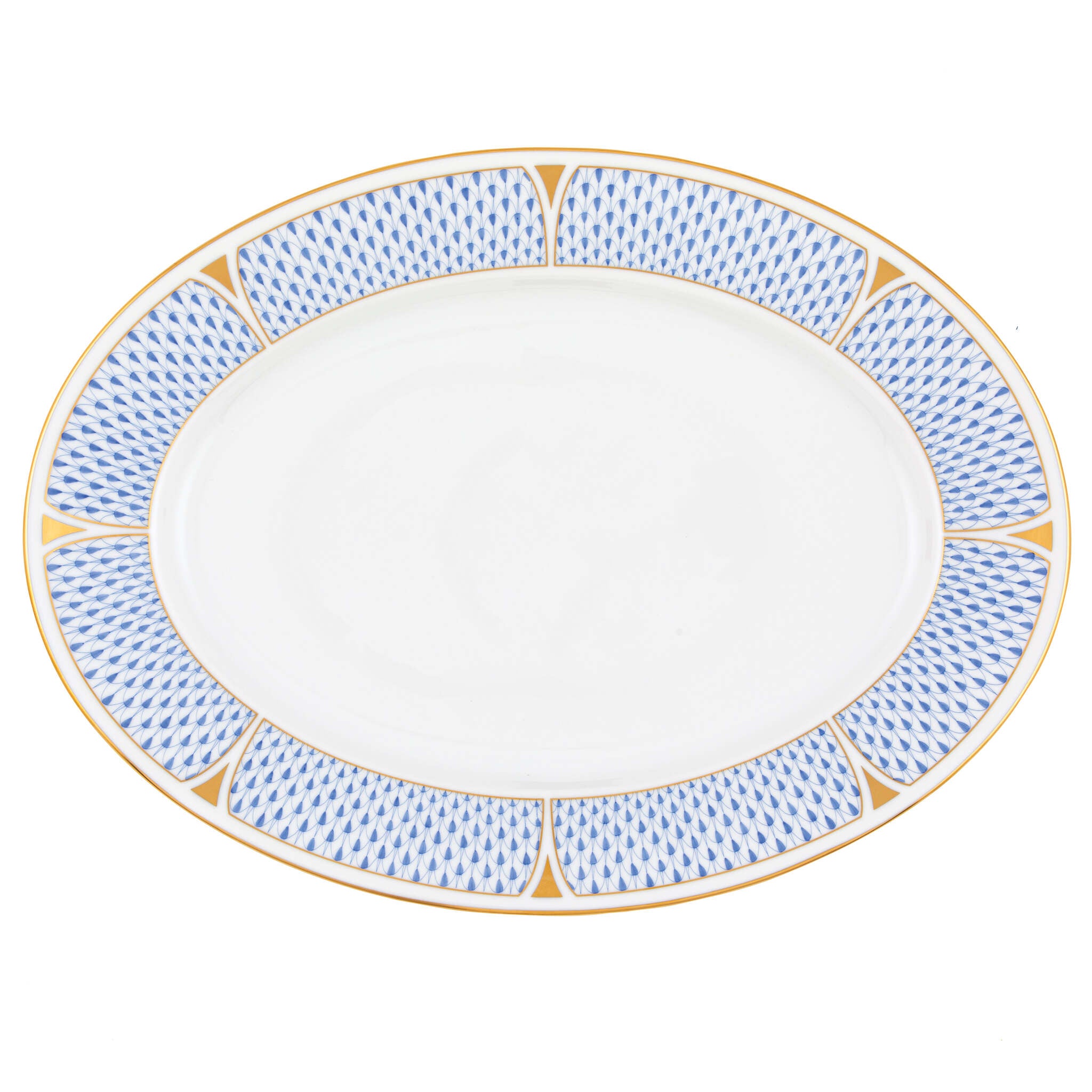 Hand-painted Herend Art Deco Blue Oval Platter in fine porcelain, 15in L X 11in W, on a white background
