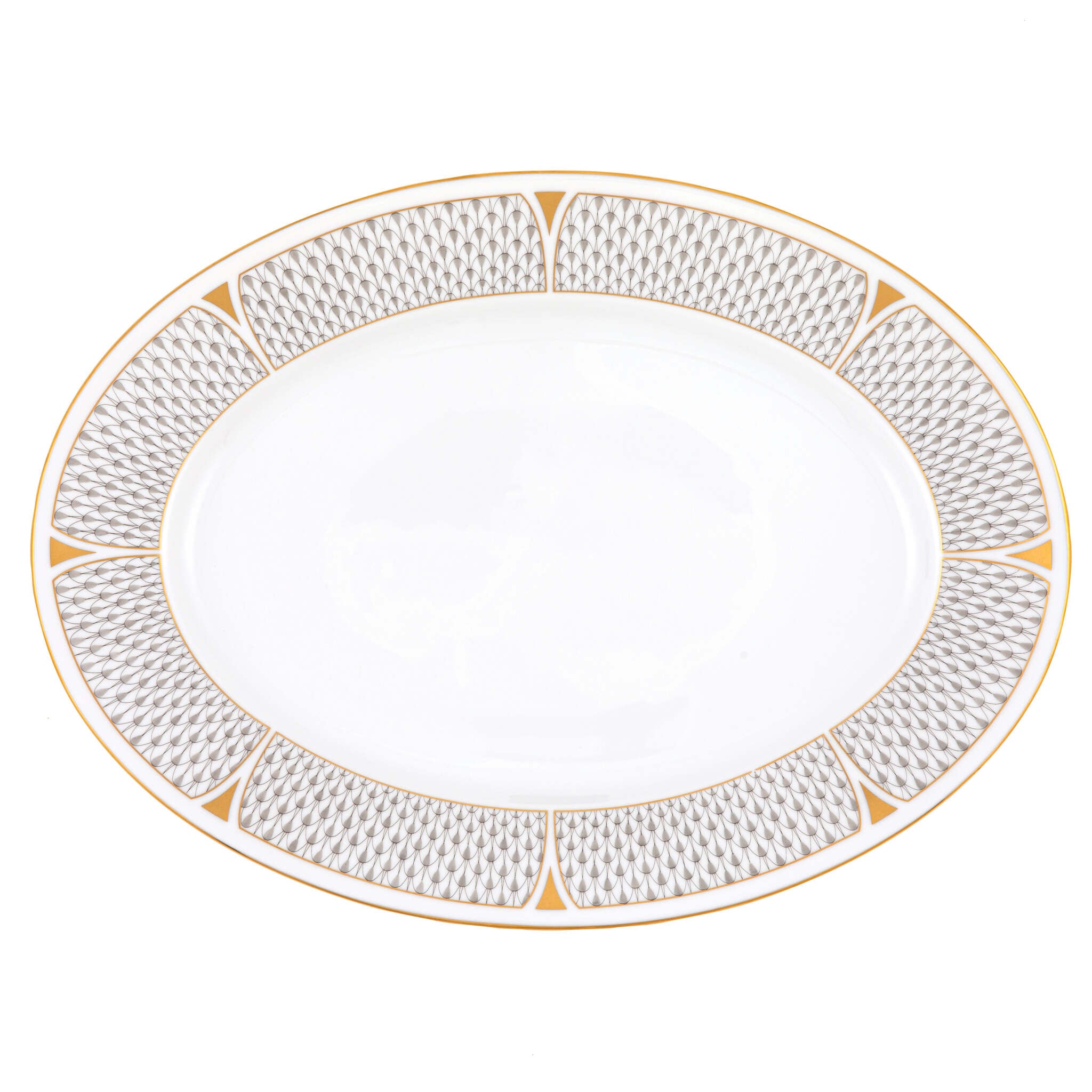 Hand-painted Herend Art Deco Gray Oval Platter in fine porcelain, 15in L X 11in W, on a white background