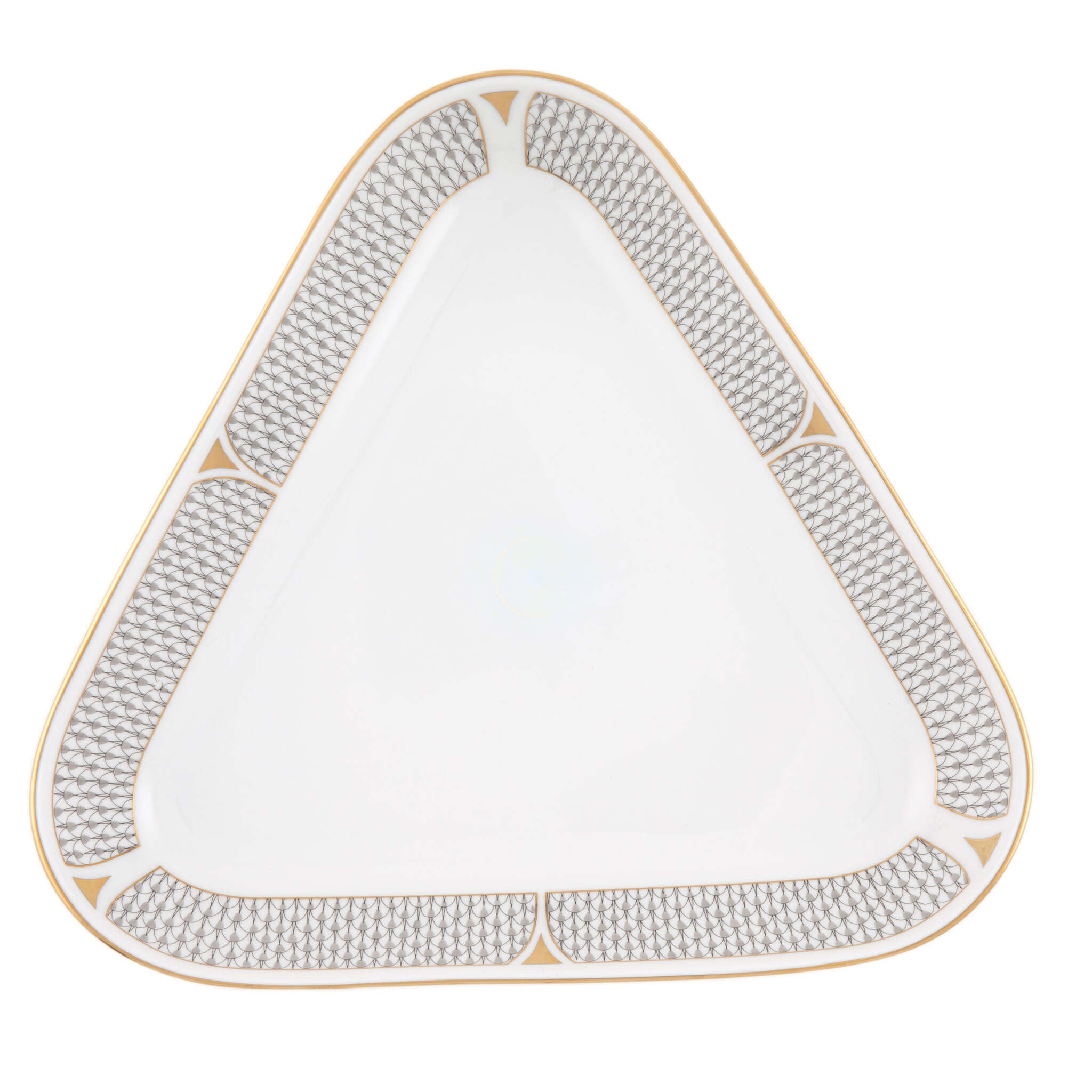 Hand-painted Herend Art Deco Gray Triangle Dish in fine porcelain, 11in L X 10.25in W, on a white background