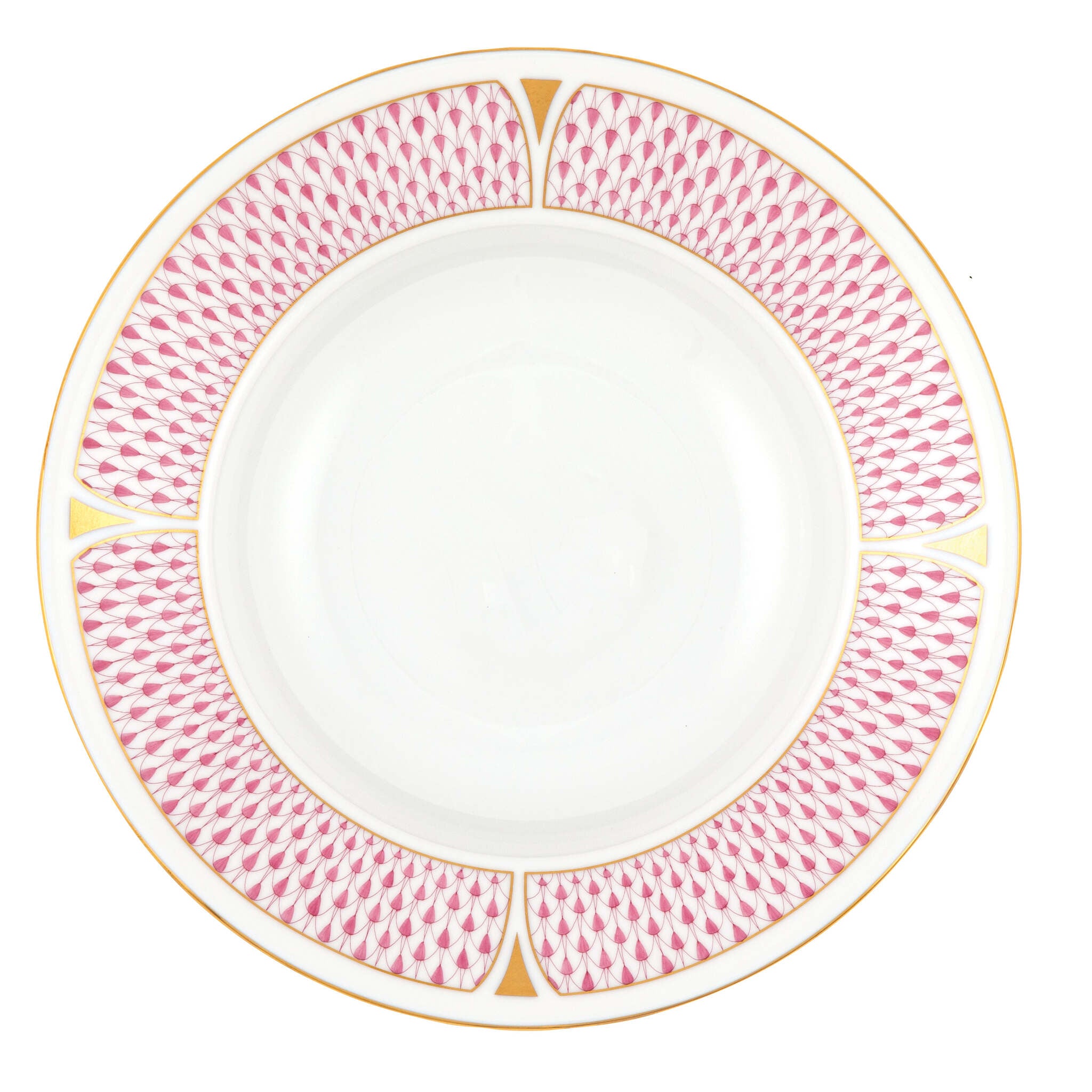 Hand-painted Herend Art Deco Raspberry Rim Soup Soup Plates & Rimmed Soup Bowl in fine porcelain, 8.5in D, on a white background