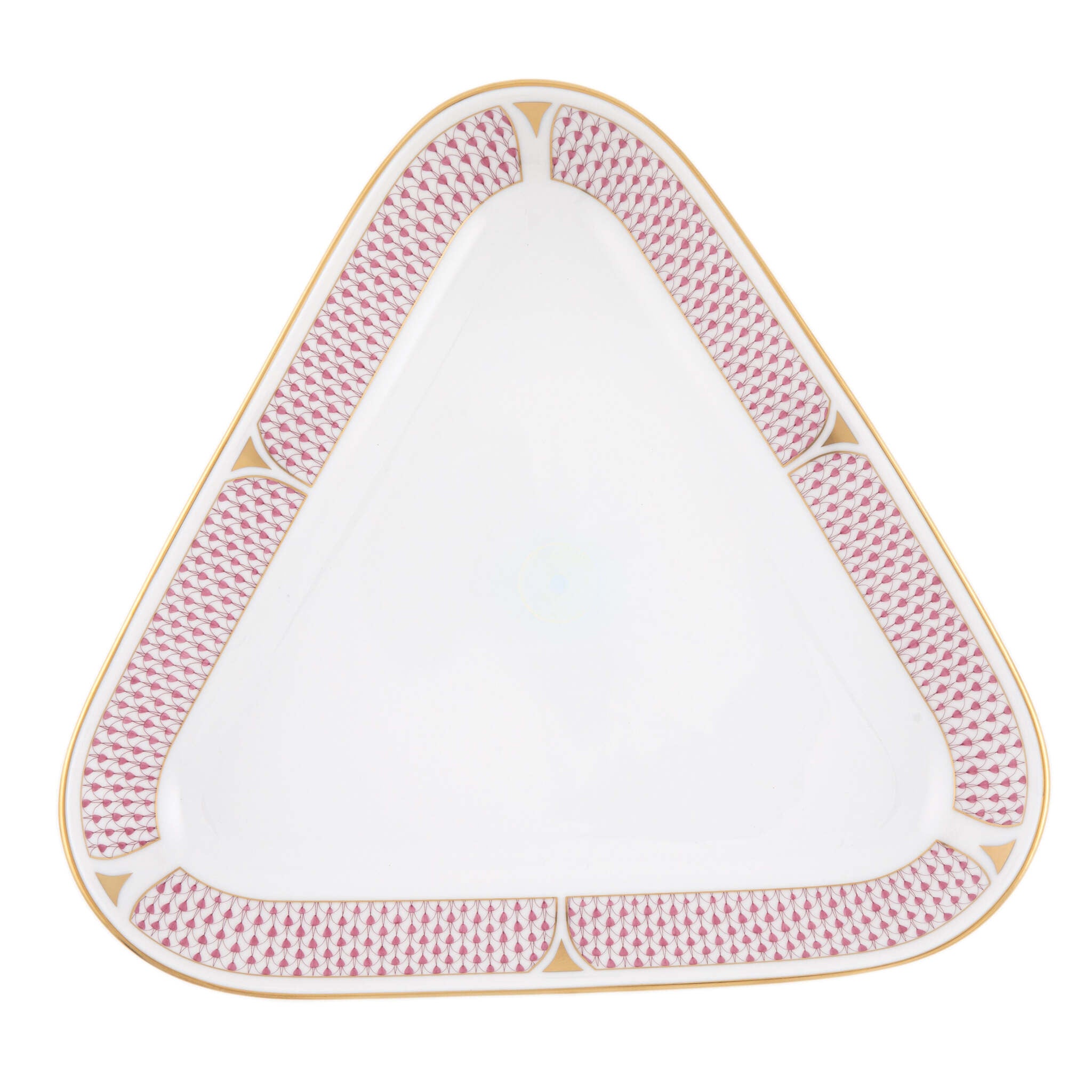 Hand-painted Herend Art Deco Raspberry Triangle Dish in fine porcelain, 11in L X 10.25in W, on a white background