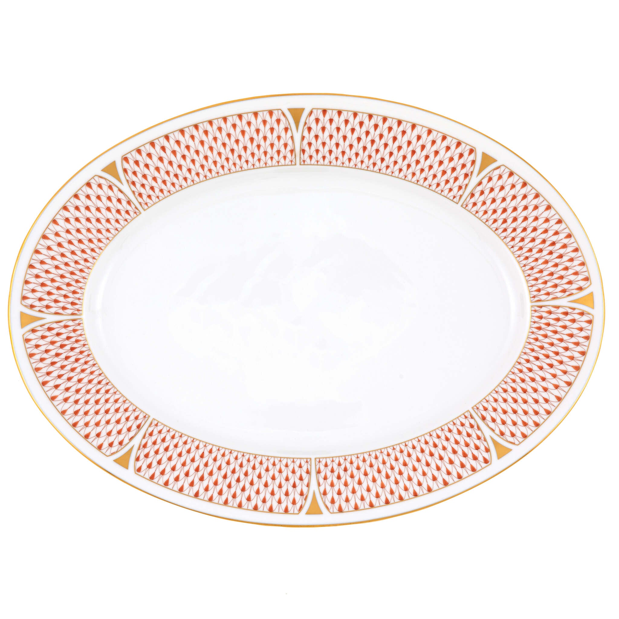 Hand-painted Herend Art Deco Rust Oval Platter in fine porcelain, 15in L X 11in W, on a white background