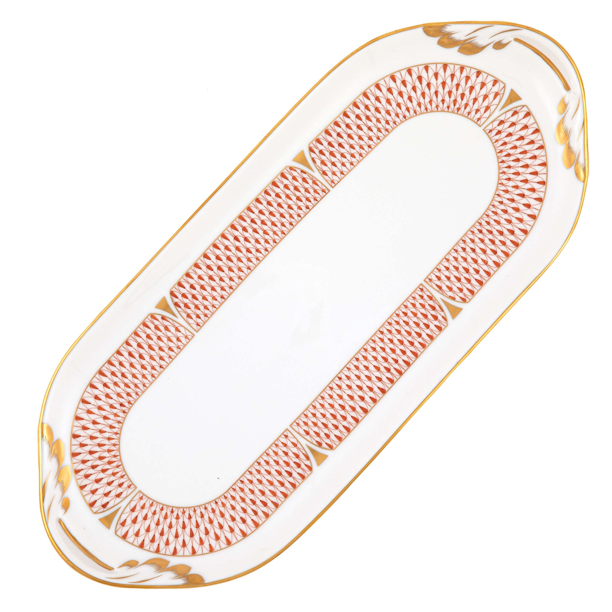 Hand-painted Herend Art Deco Rust Sandwich Tray in fine porcelain, 14.25in L X 6in W, on a white background