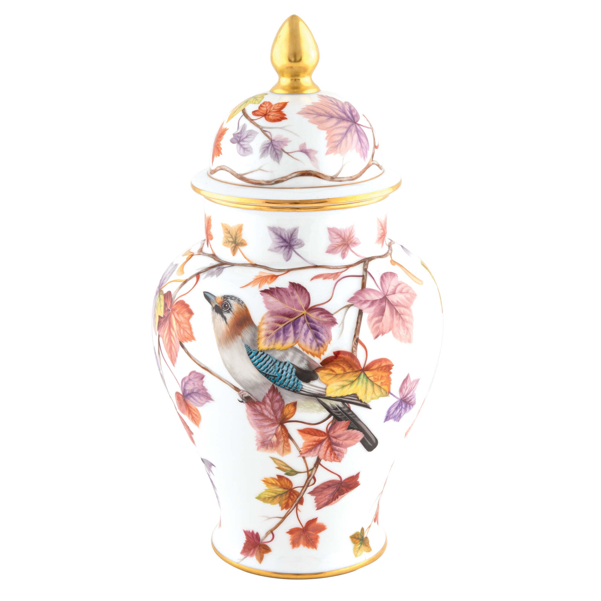 Hand-painted Herend Autumn Leaves Ginger Jar Vase in fine porcelain, 7in L X 7in W X 13in H, on a white background