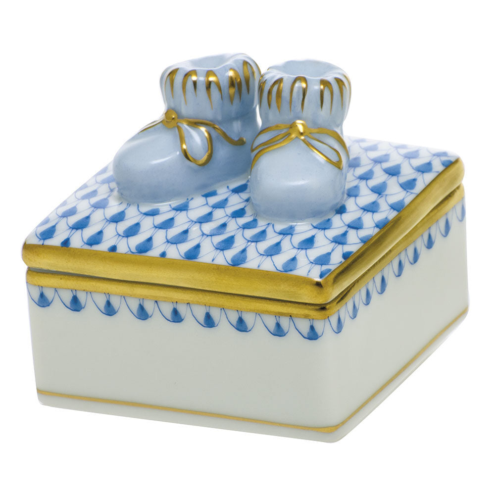 Herend Baby Bootie Box porcelain figurine painted in the Blue fishnet pattern