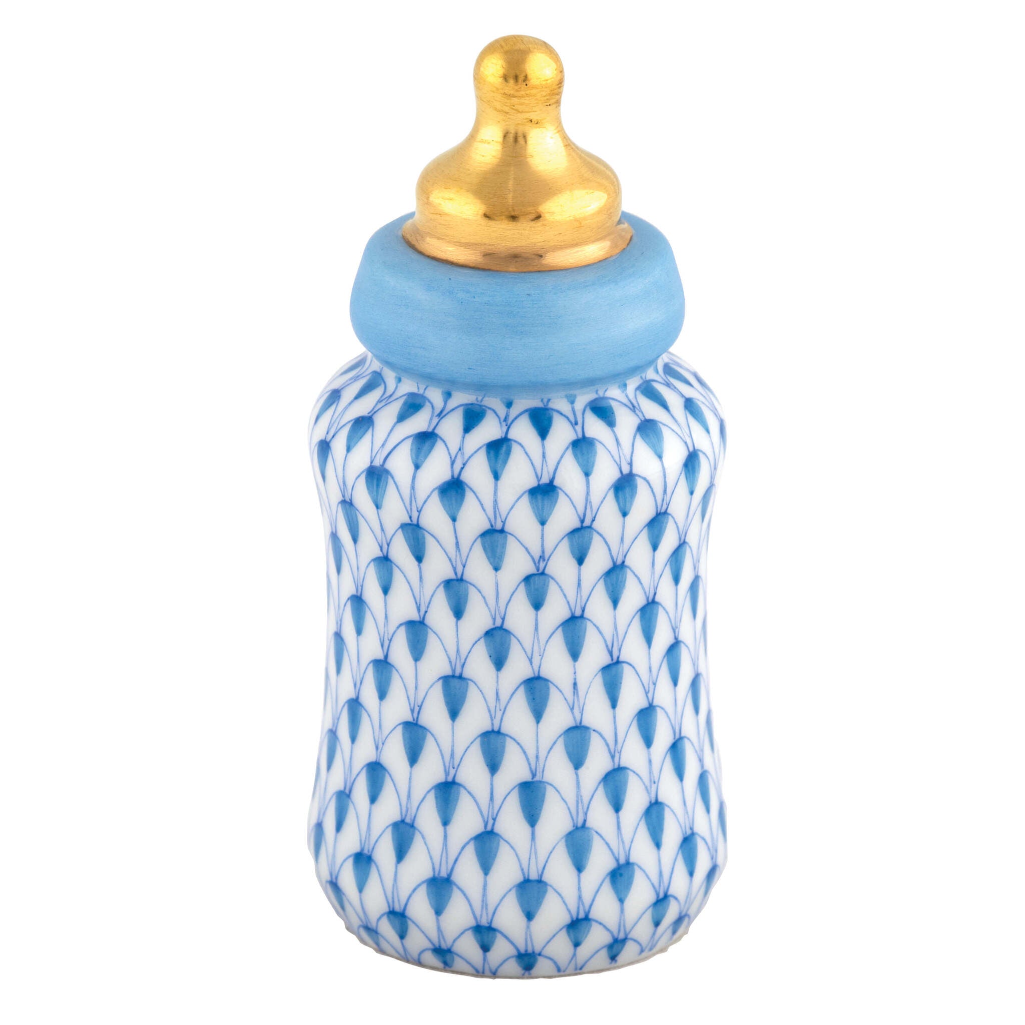 Hand-painted Herend Baby Bottle Figurine in Blue fishnet porcelain on a white background