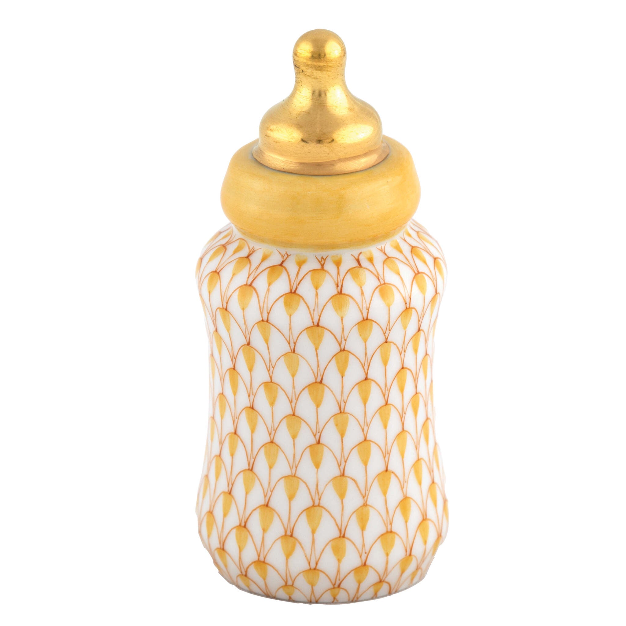 Herend Baby Bottle Figurine porcelain figurine painted in the Butterscotch fishnet pattern