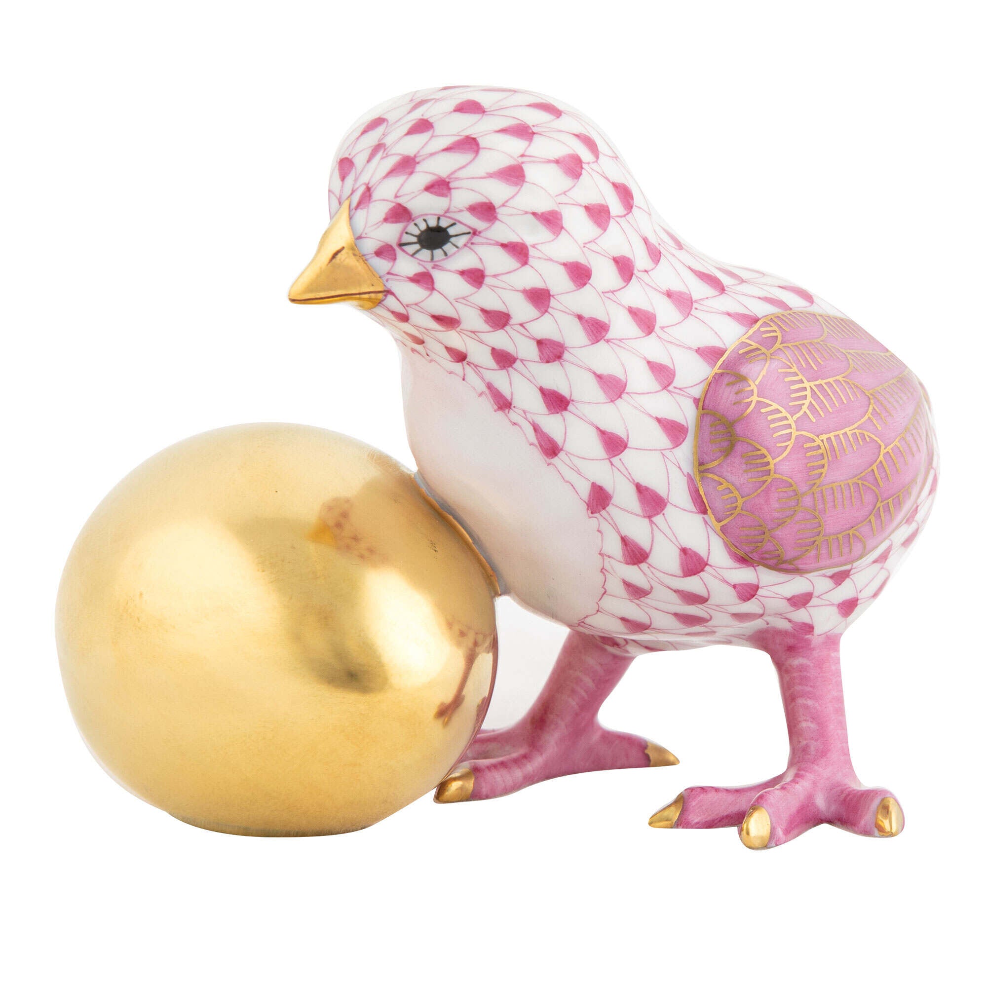 Herend Baby Chick with Egg Figurine porcelain figurine painted in the Raspberry fishnet pattern