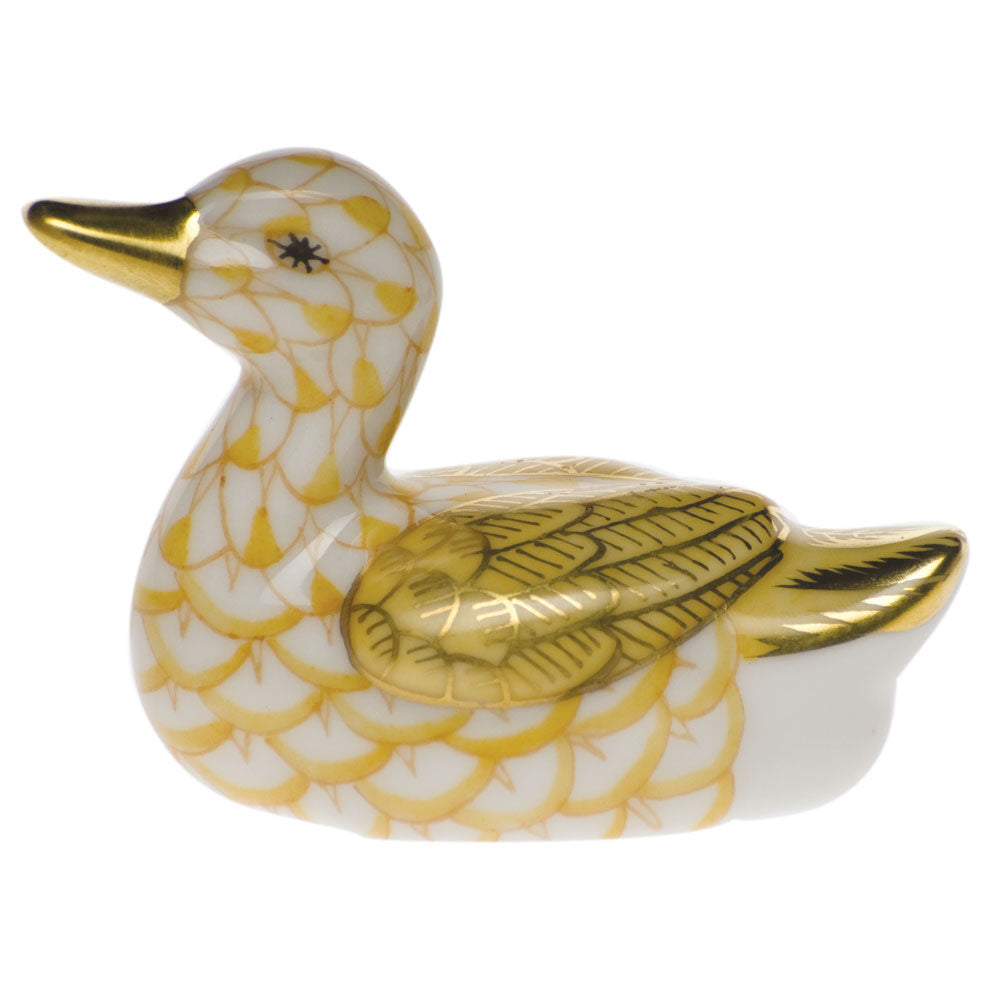 Herend Baby Duck Figurine porcelain figurine painted in the Butterscotch fishnet pattern