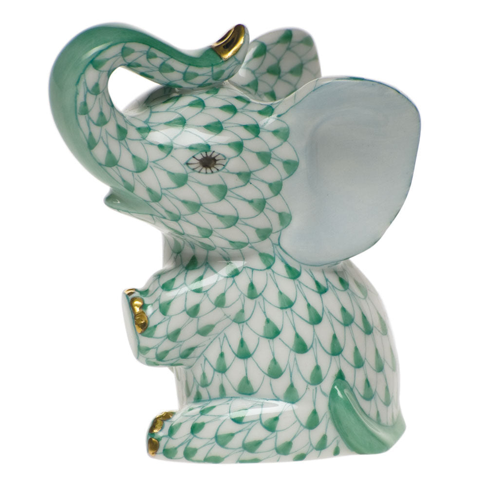 Herend Baby Elephant Figurine porcelain figurine painted in the Green fishnet pattern