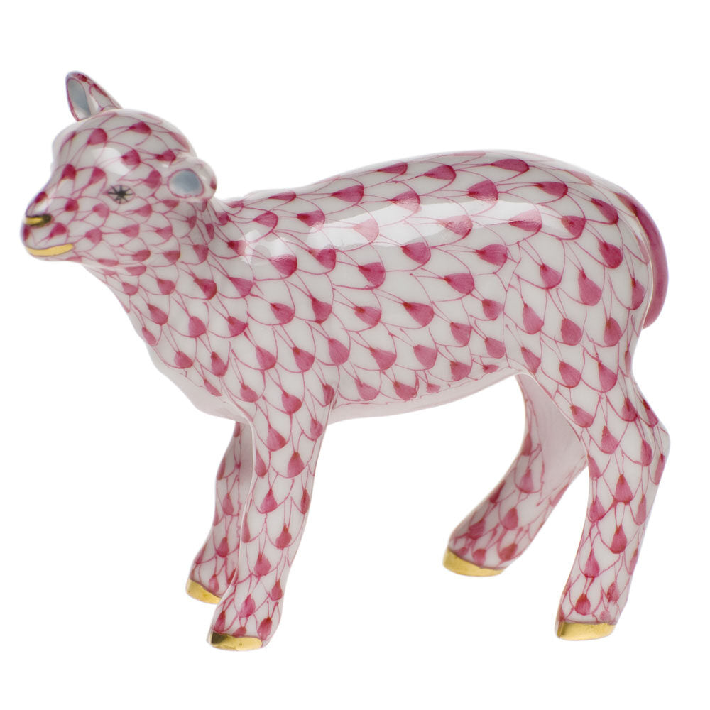 Hand-painted Herend Baby Lamb Figurine in Raspberry fishnet porcelain on a white background