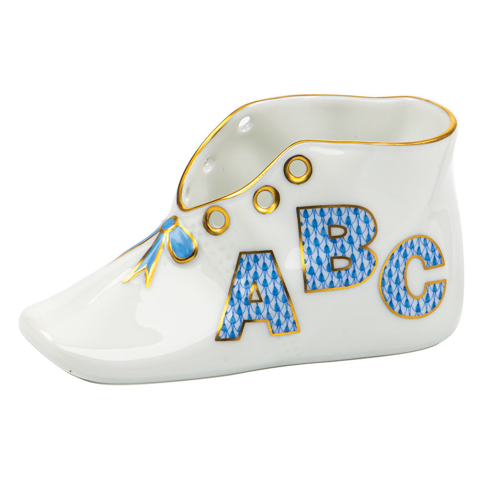 Blue fishnet Baby Shoe with Abc Baby Keepsake figurine, hand-painted Herend porcelain with 24k gold accents