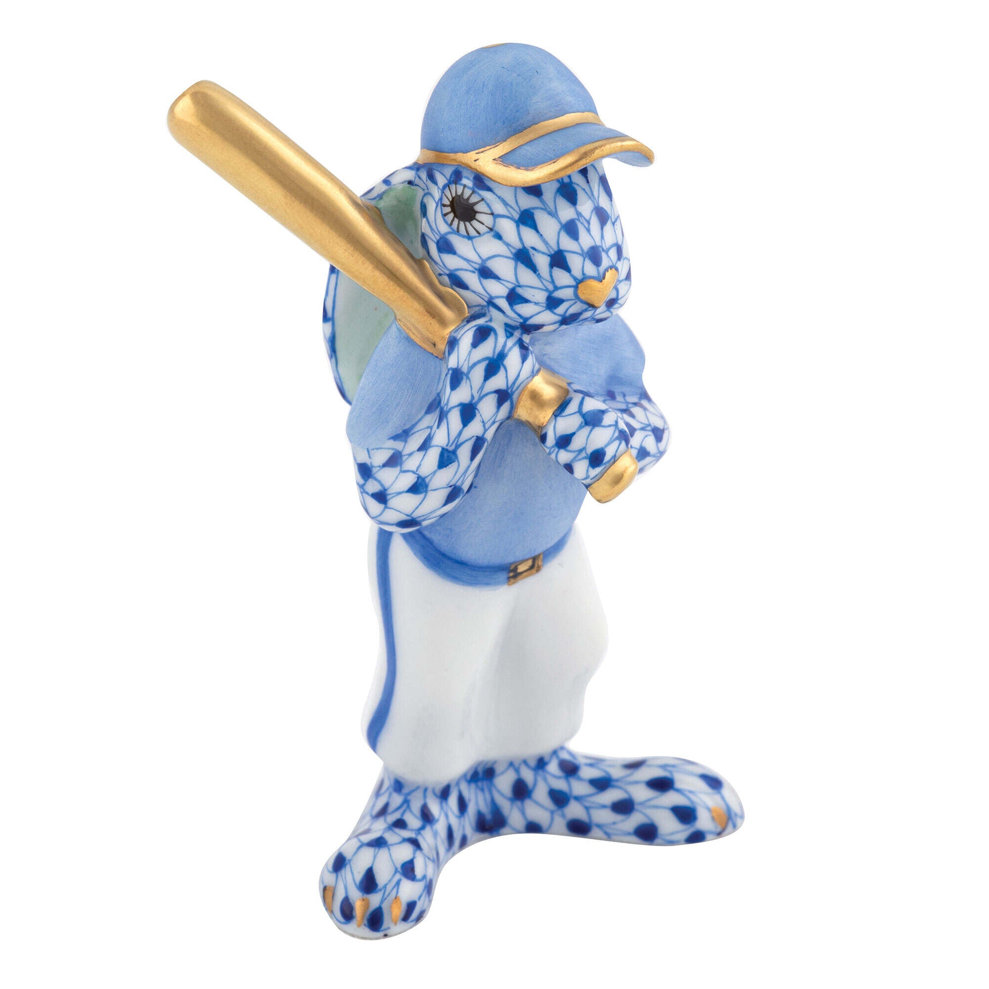 Hand-painted Herend Baseball Bunny Figurine in Sapphire fishnet porcelain on a white background