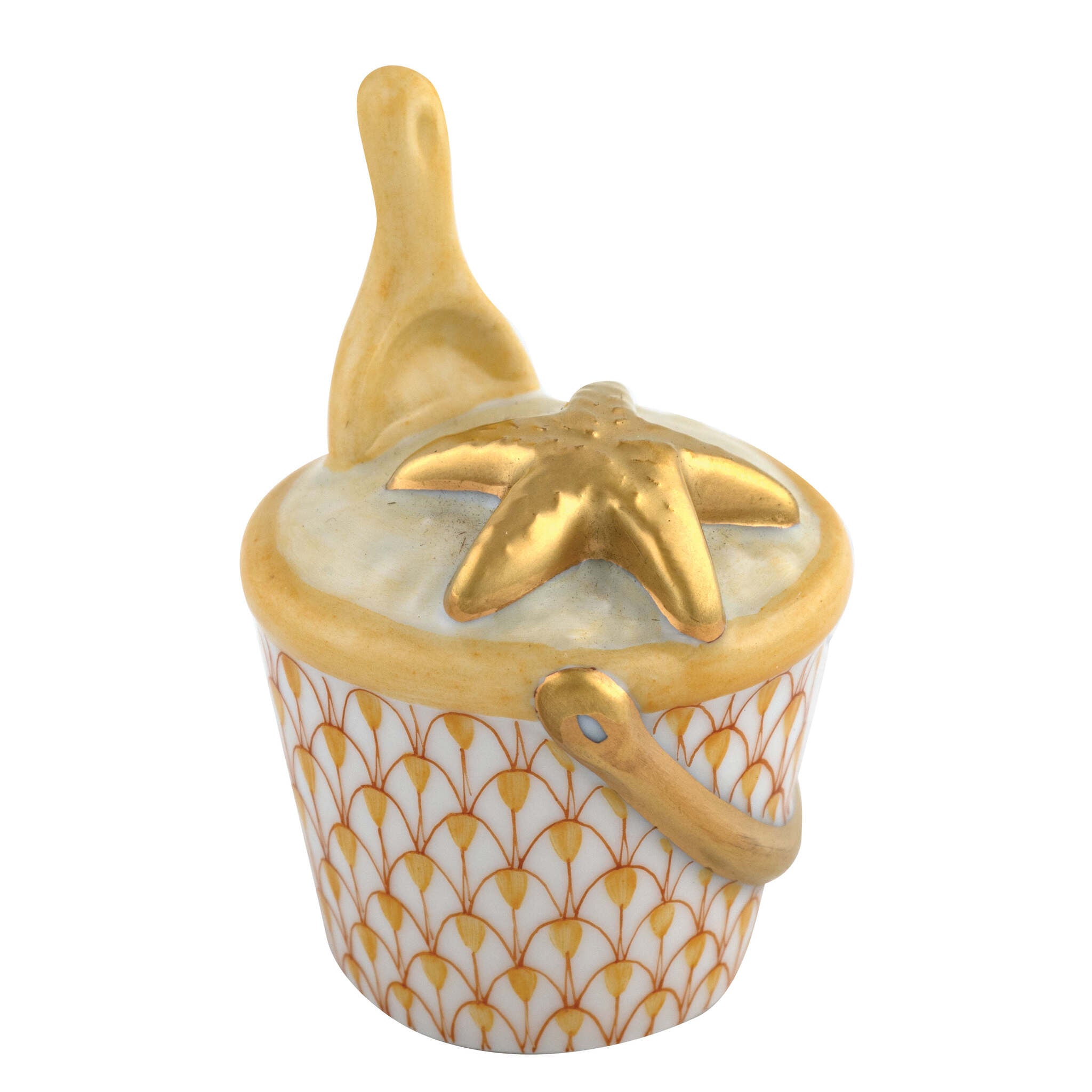 Hand-painted Herend Beach Bucket Figurine in Butterscotch fishnet porcelain on a white background