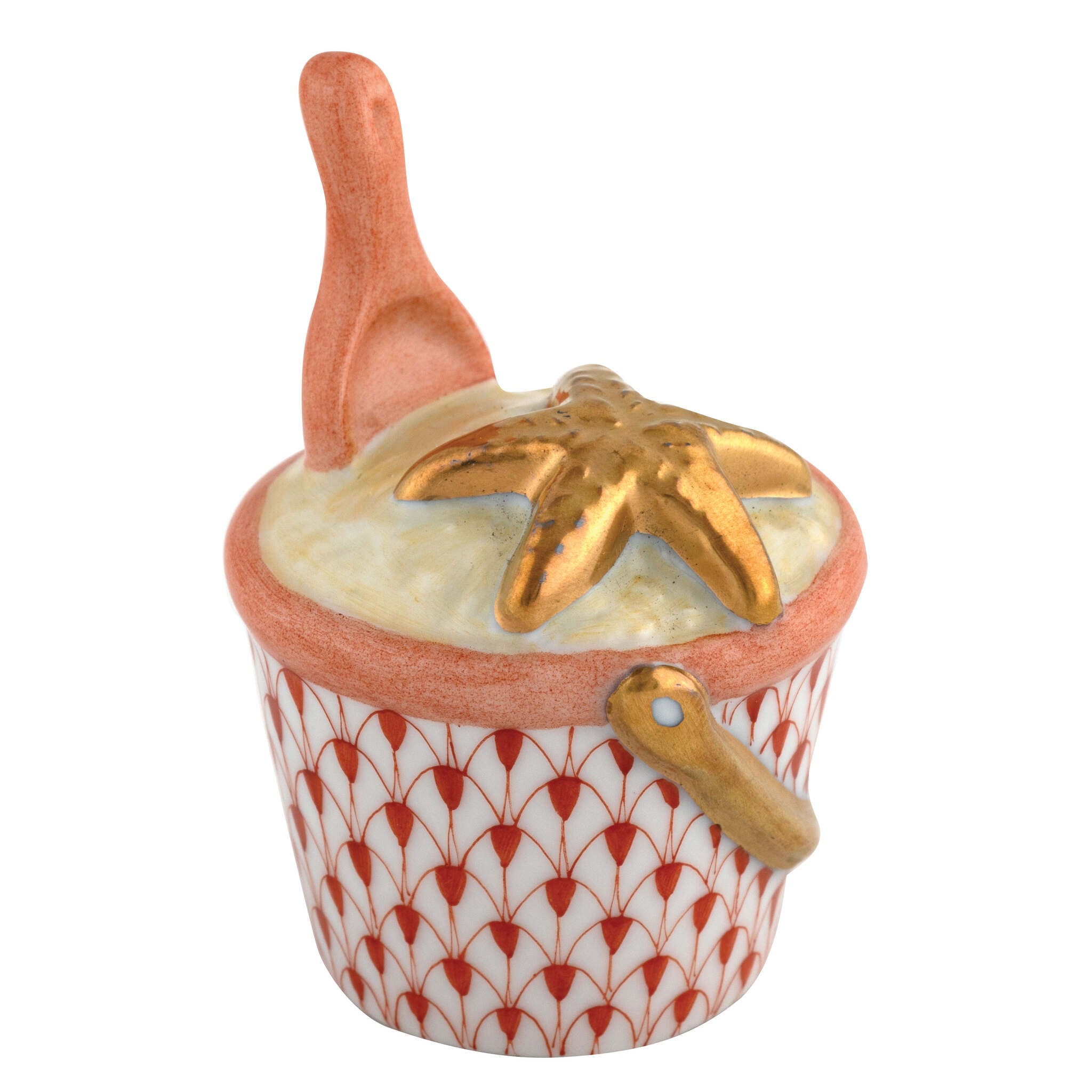 Rust fishnet Beach Bucket Figurine figurine, hand-painted Herend porcelain with 24k gold accents