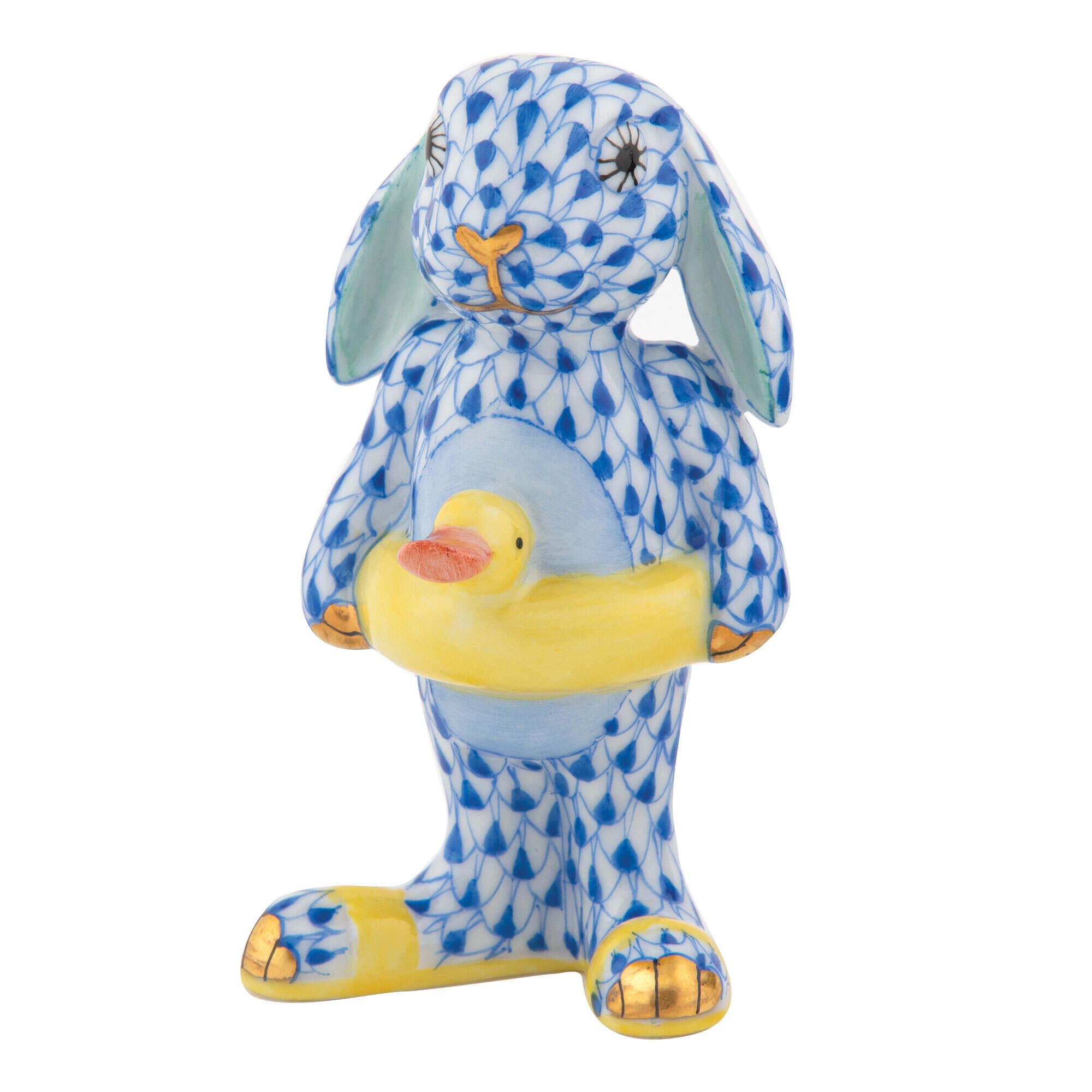 Hand-painted Herend Beach Bunny Figurine in Sapphire fishnet porcelain on a white background