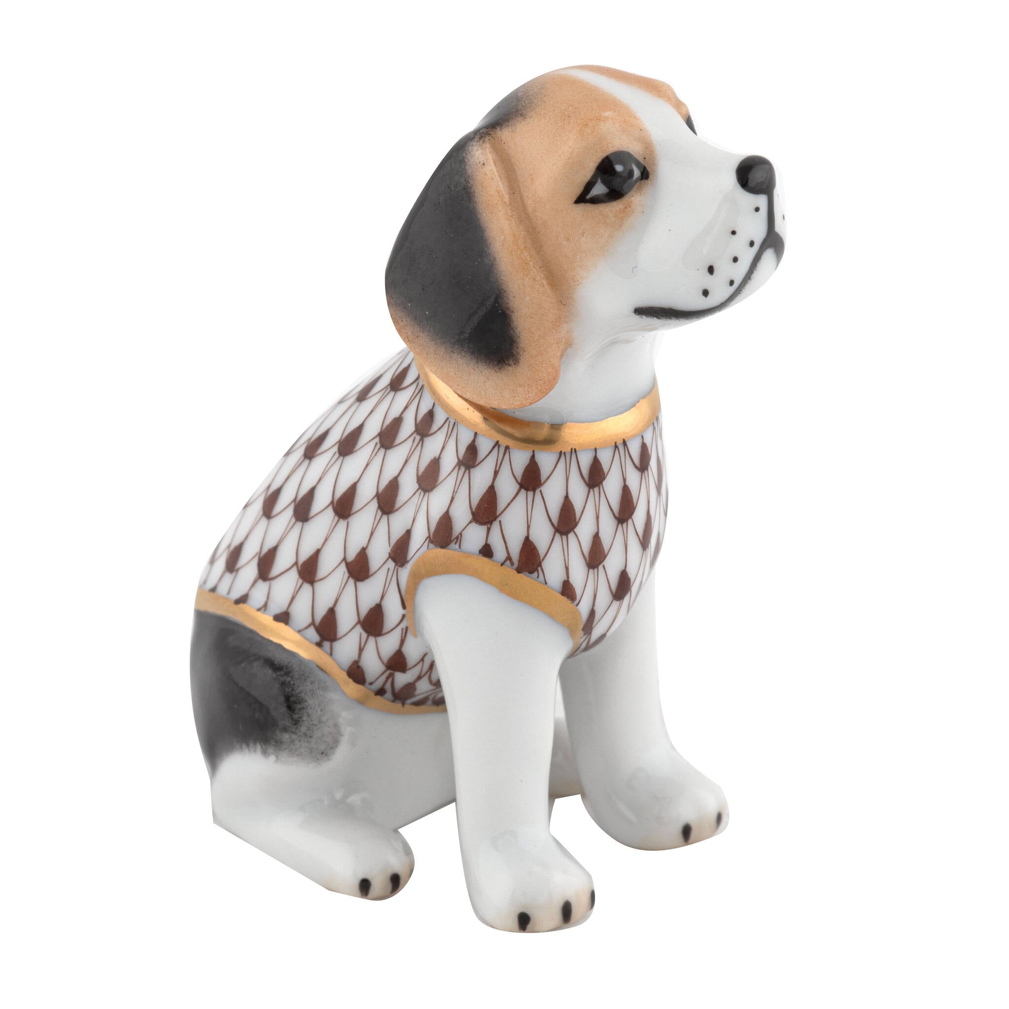 Herend Beagle Puppy Figurine porcelain figurine painted in the Chocolate fishnet pattern